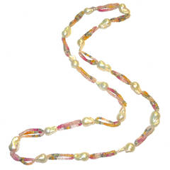 Multicolor Sapphire Bead Baroque Pearl Long Necklace