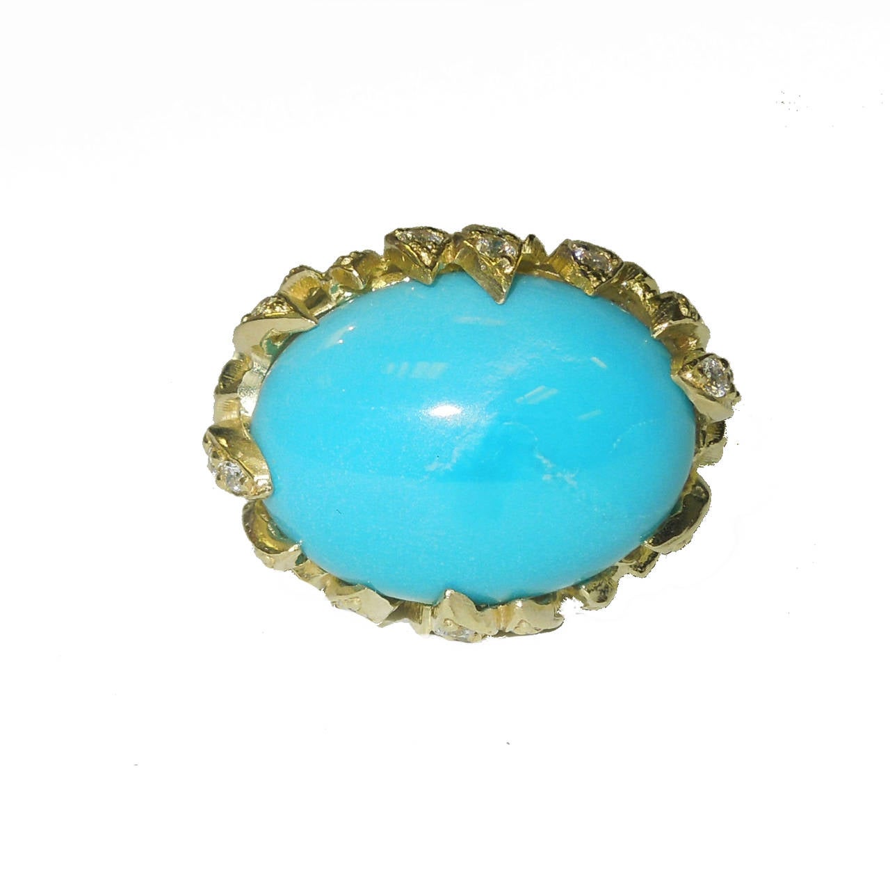 18K Gold Ring with diamonds and Sleeping Beauty Turquoise center

Sleeping Beauty Turquoise 16.09 ct. 

1.45 ct. G Color, VS Quality Diamonds 

Can be sized up or down FREE OF CHARGE

Ring is signed STAMBOLIAN along with our Trademark