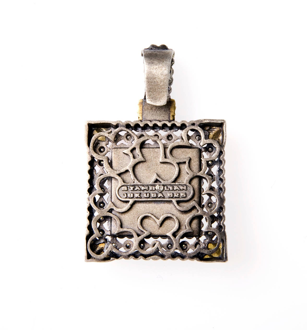 Stambolian Floral Silver Gold and Diamond Organza Flower Square Enhancer Pendant In Excellent Condition In Boca Raton, FL