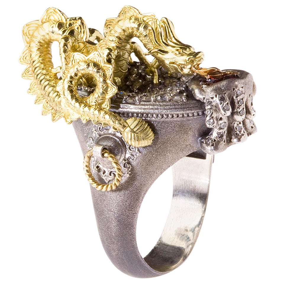 Stambolian Aged Silver 18K Gold Milky and White Diamond Dragon Ring