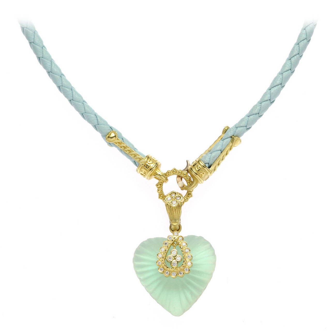 Stambolian Frosted Quartz Diamond Gold Pendant Blue Leather Necklace