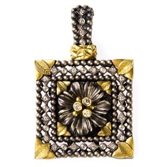 Stambolian Floral Silver Gold and Diamond Organza Flower Square Enhancer Pendant
