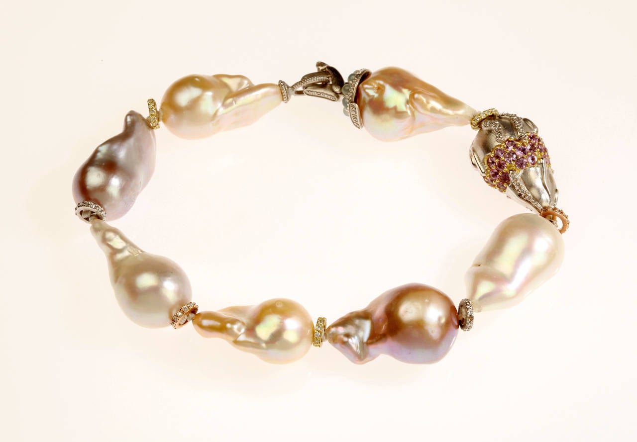 Stambolian Baroque Pearl Sapphire Diamond Gold Rondel Bracelet In New Condition In Boca Raton, FL