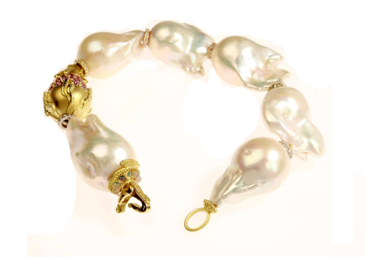 Stambolian Baroque Pearl Pink Sapphire Rondel Gold Bracelet In New Condition In Boca Raton, FL
