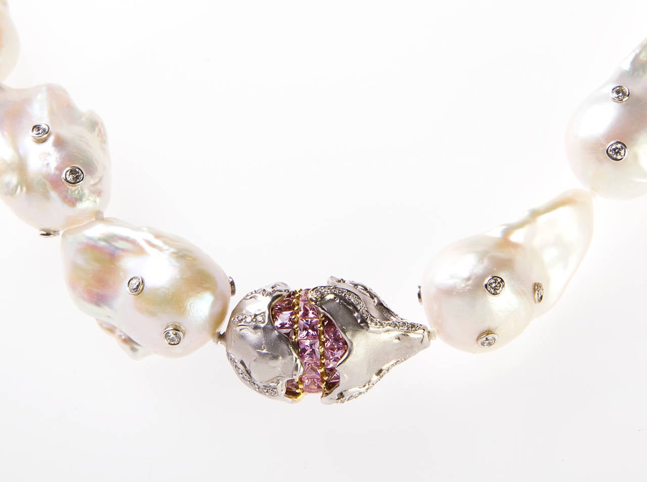 Stambolian Baroque Pearl and Pink Sapphire Gold Rondel Necklace In New Condition In Boca Raton, FL