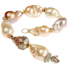 Stambolian Baroque Pearl Sapphire Diamond Gold Rondel Bracelet