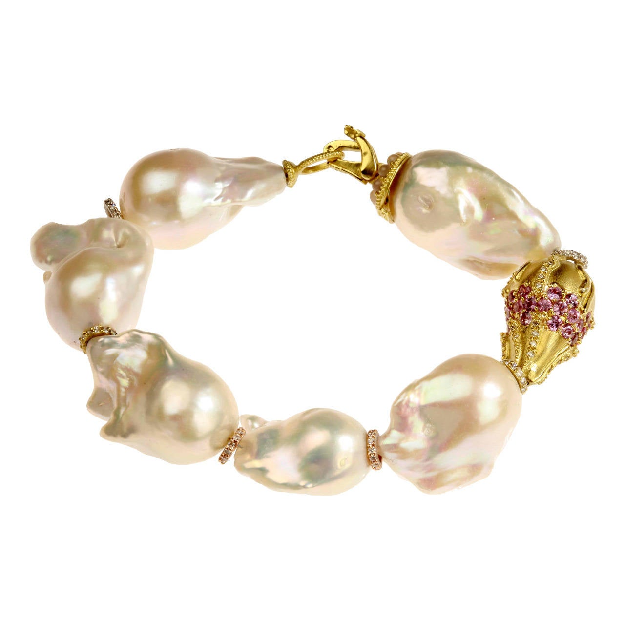 Stambolian Baroque Pearl Pink Sapphire Rondel Gold Bracelet For Sale at