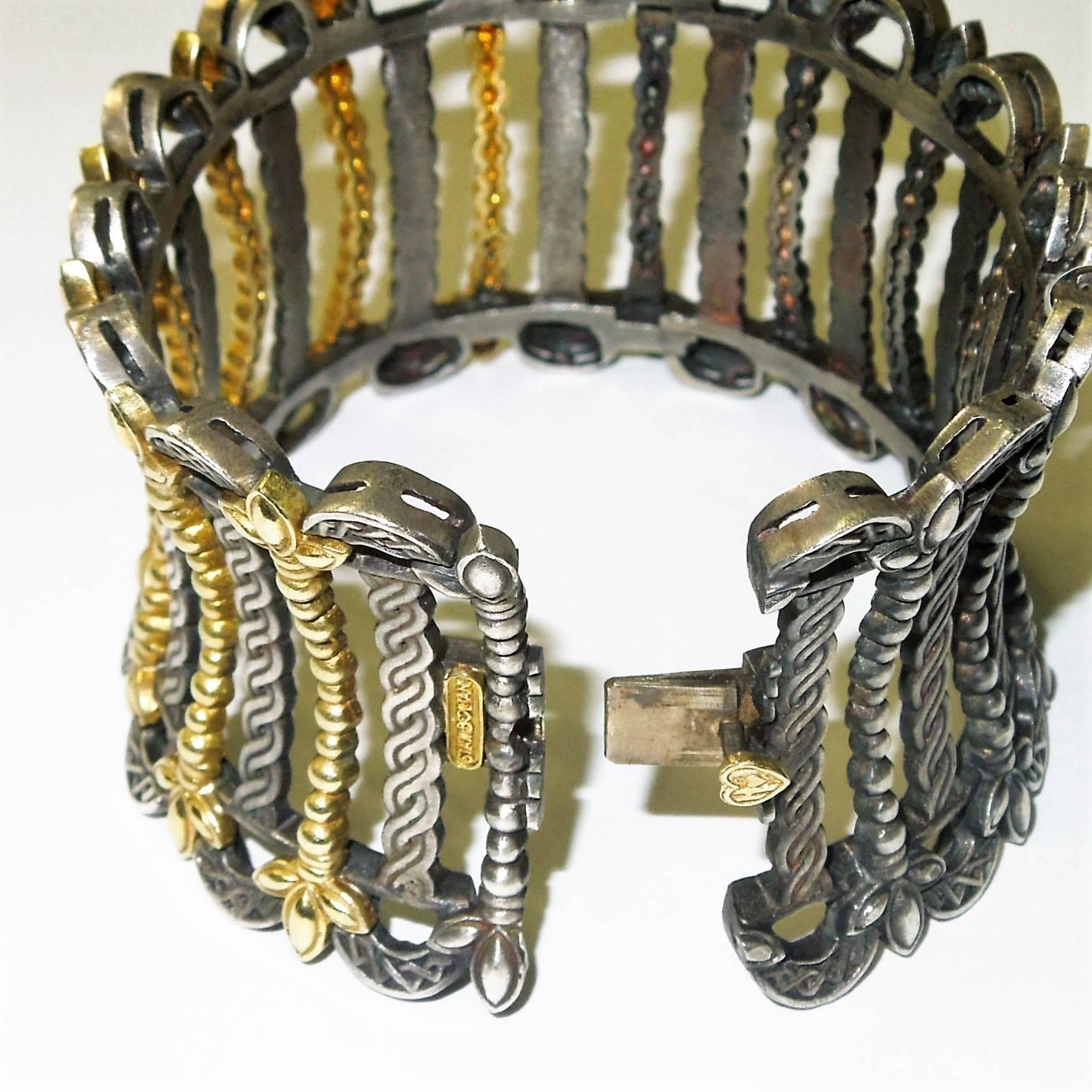 Egyptian Revival Stambolian Silver Gold Cleopatra Cuff Bracelet