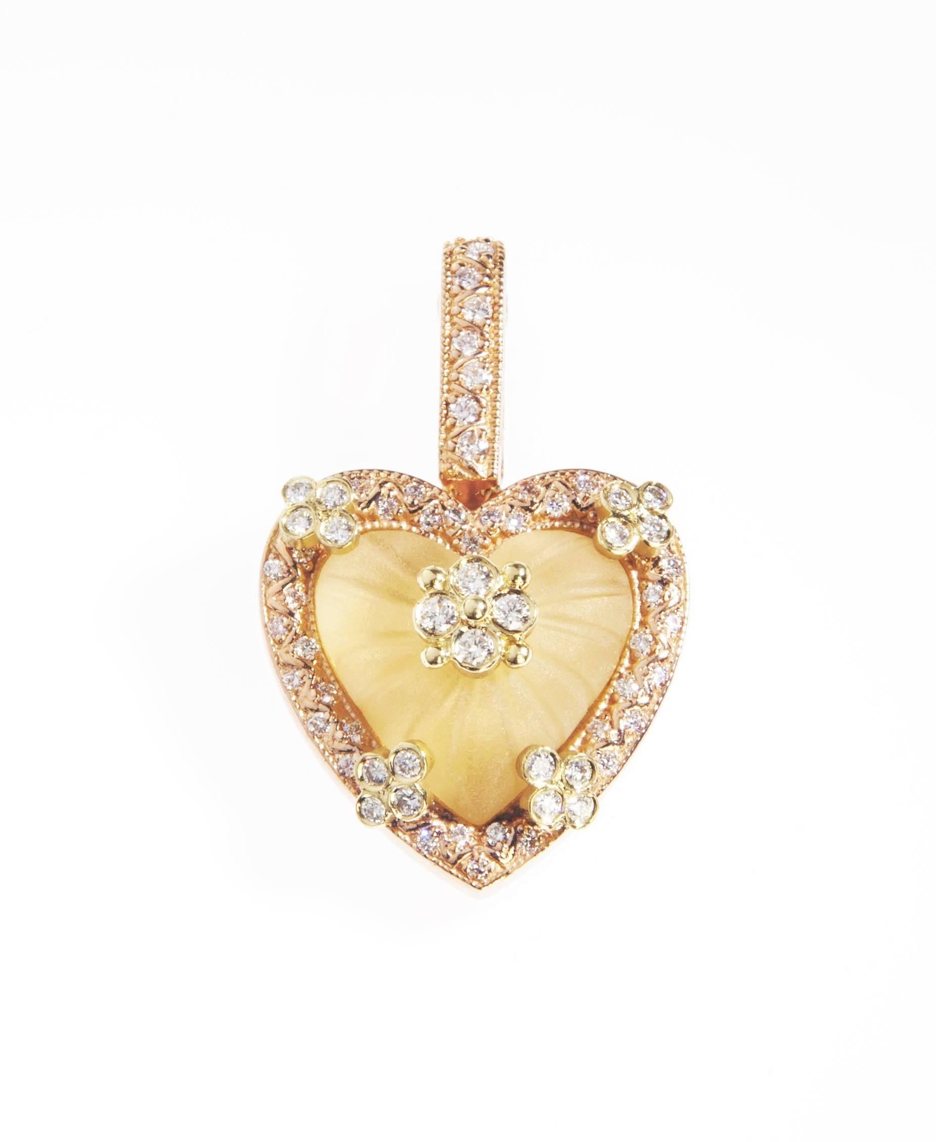 Stambolian Frosted Yellow Quartz Diamond Gold Heart Enhancer In New Condition In Boca Raton, FL
