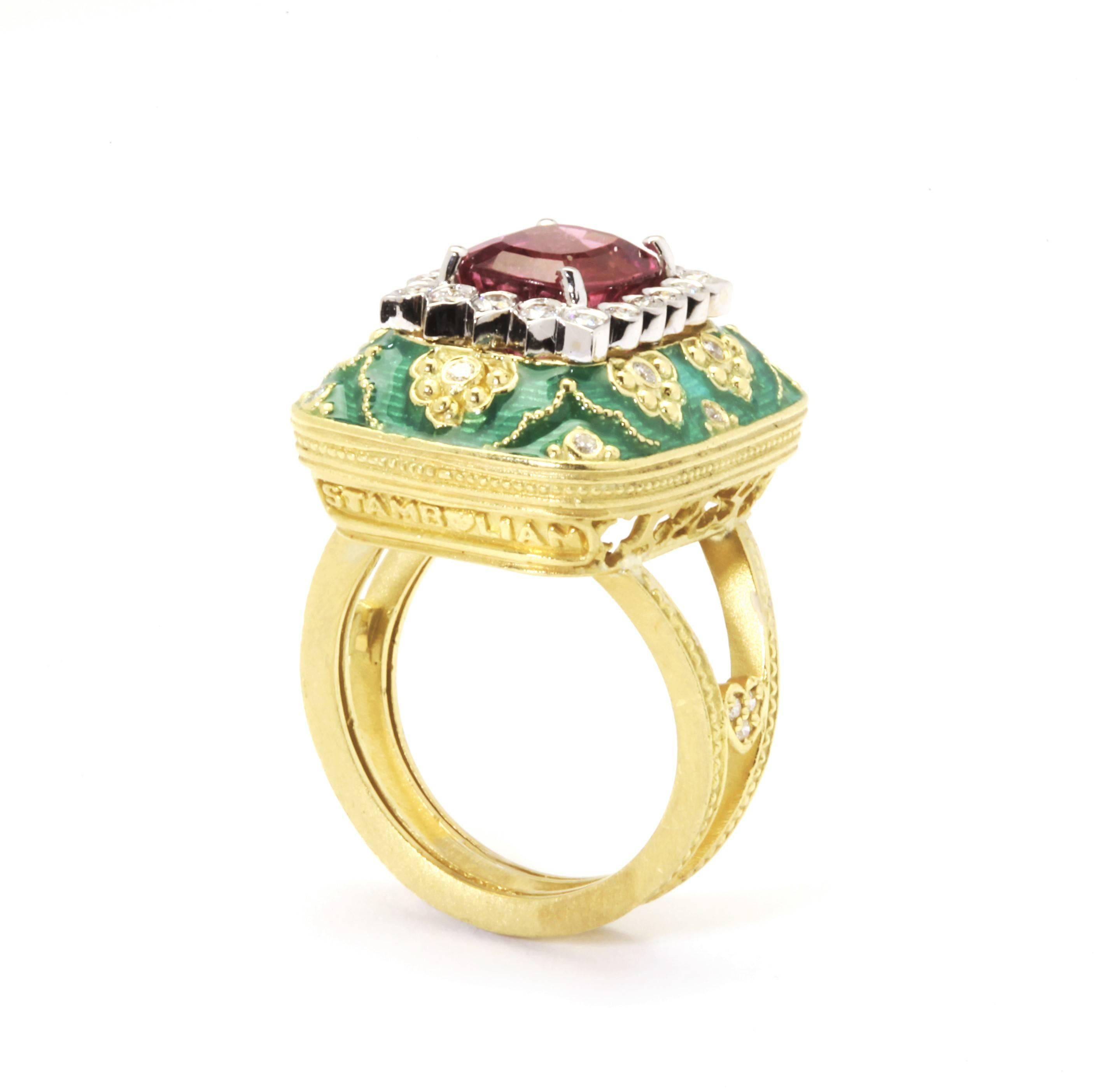 18K Gold Ring with Bubble Gum Pink Tourmaline and Green enamel

Green enamel done throughout design. 
  
Center Bubble Gum Pink Tourmaline 3.25ct.  

Sizable, currently 6 1/2.   

0.50ct. G Color, VS Quality Diamonds 
 
ONE OF A KIND
