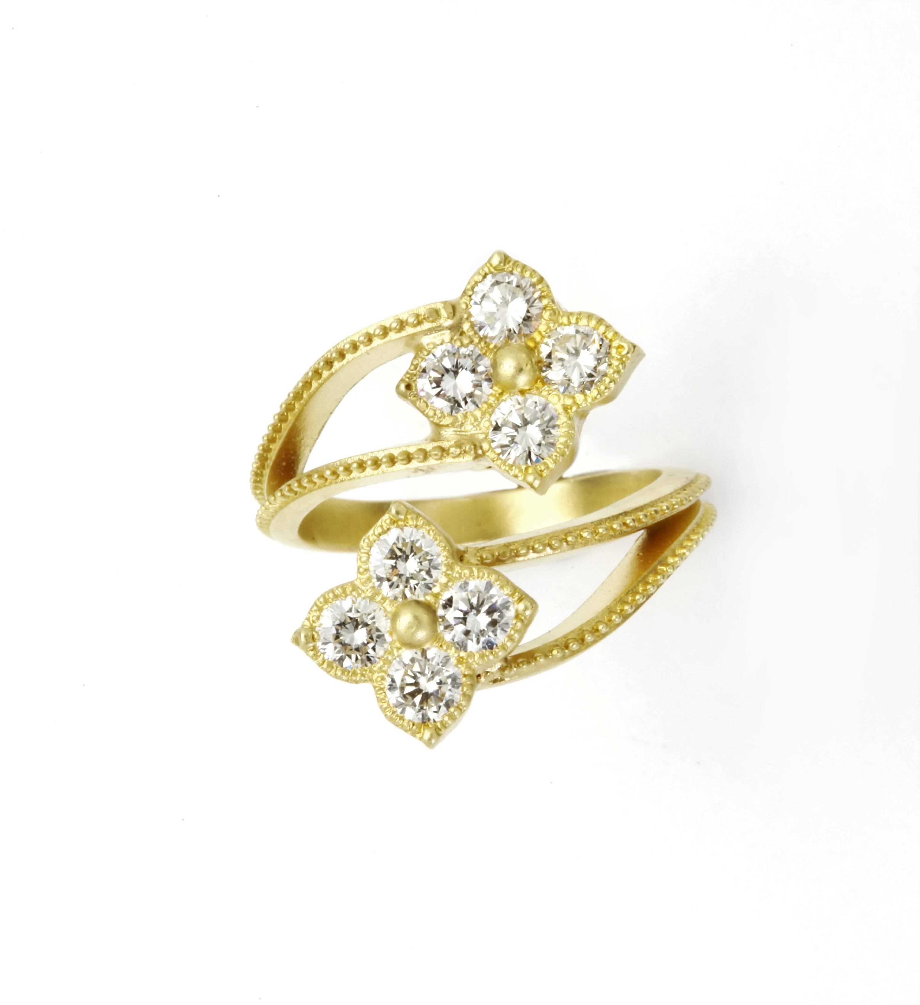 Round Cut Yellow Gold and Diamond Double Cluster Bypass Ring Stambolian