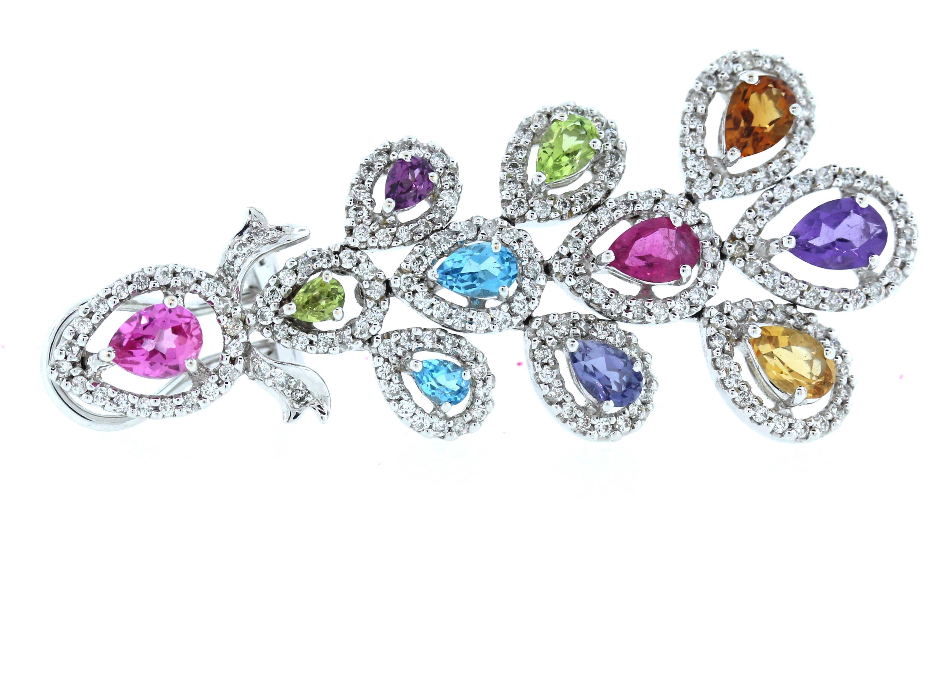 14K White Gold Earrings with Multi-Color Gemstones and Diamonds

Blue Topaz, Amethyst, Citrine, Peridot, Quartz. All Pear shapes

4.00ct. apprx. diamonds

2 inches length. 1 inch wide

Omega Backs used

Estate