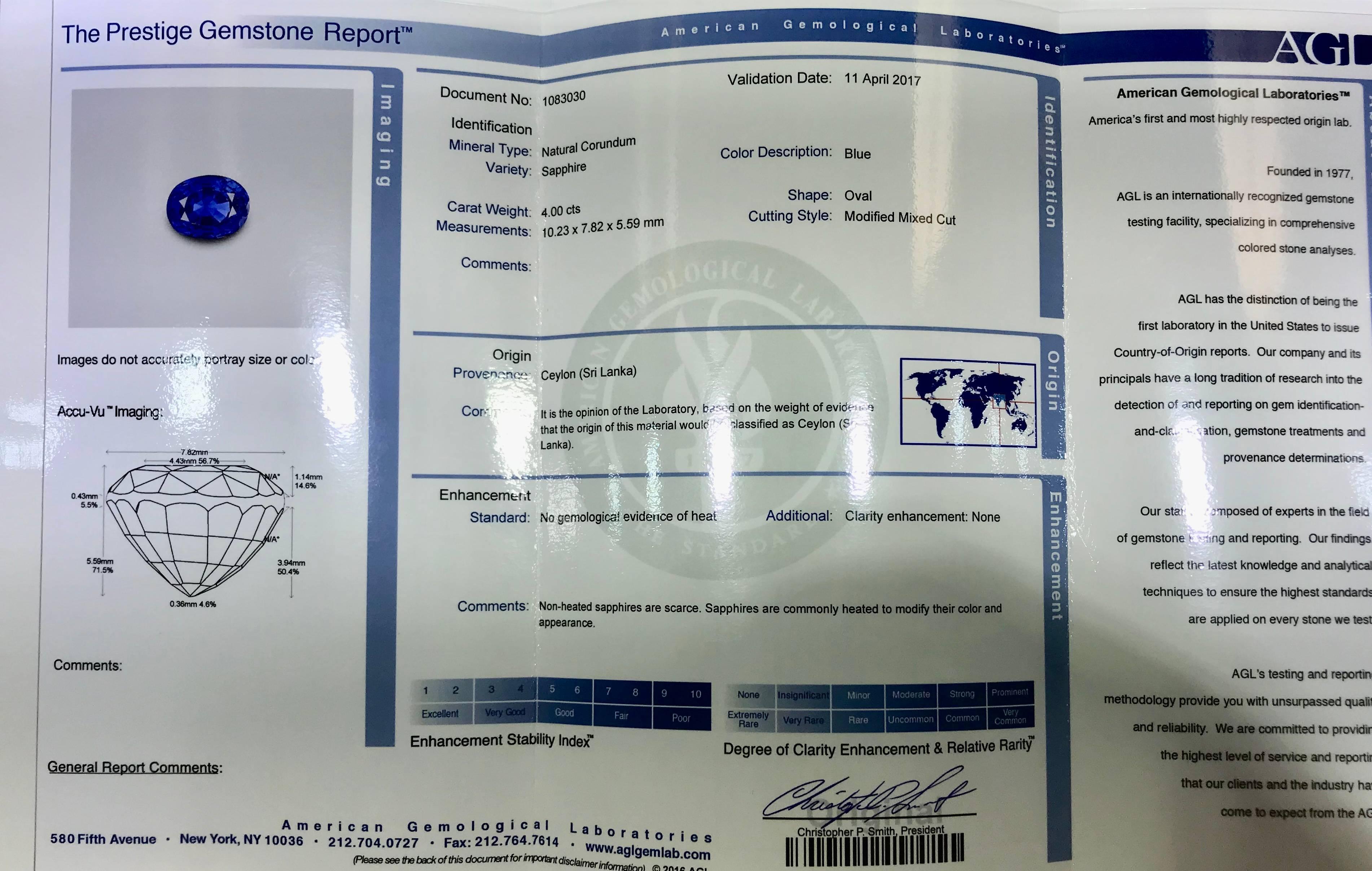4.00 Carat AGL Certified Ceylon Blue Sapphire Diamond Ring In New Condition In Boca Raton, FL