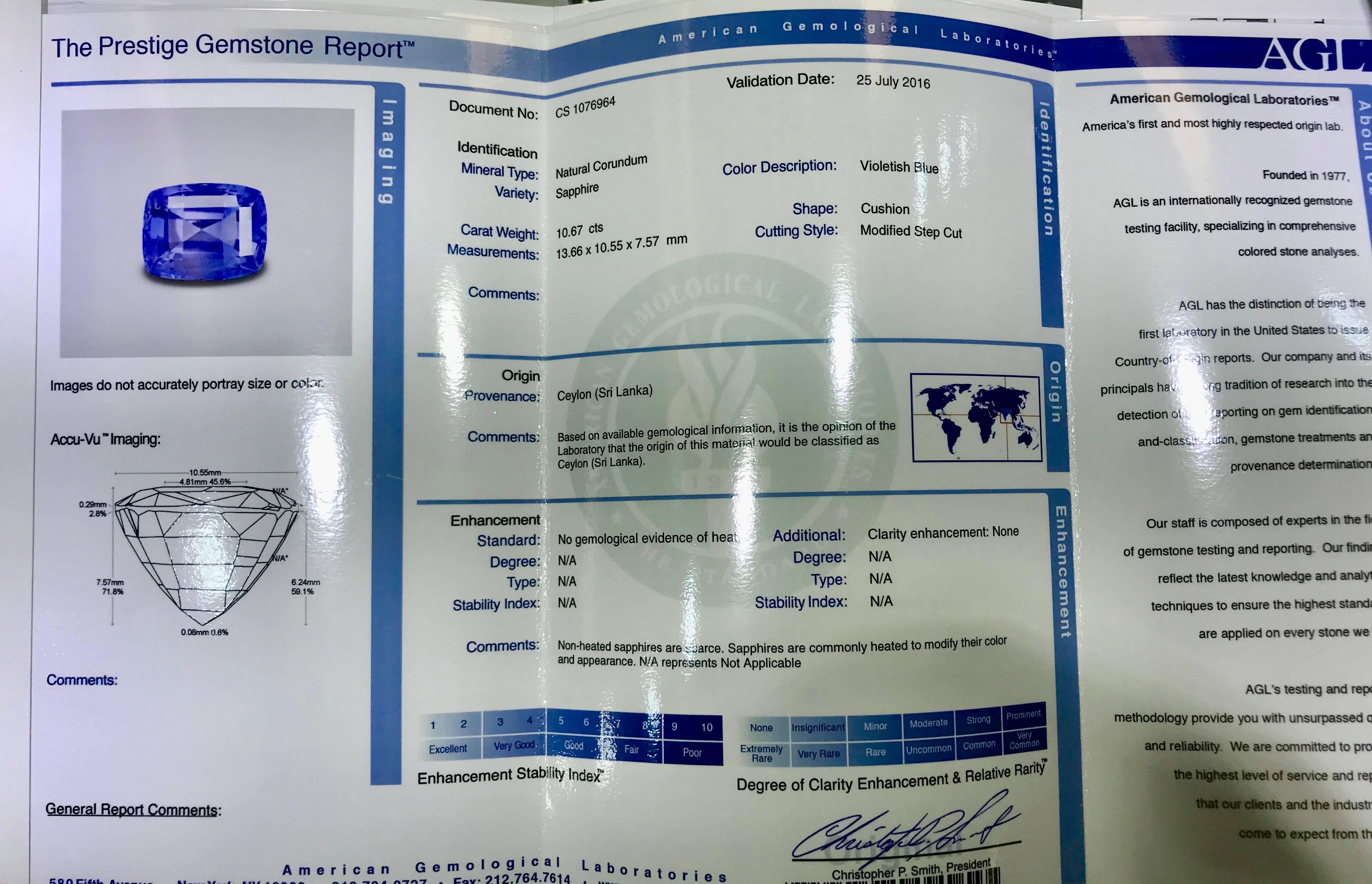 10.67 Carat AGL Certified Ceylon Blue Sapphire Diamond Gold Ring 3