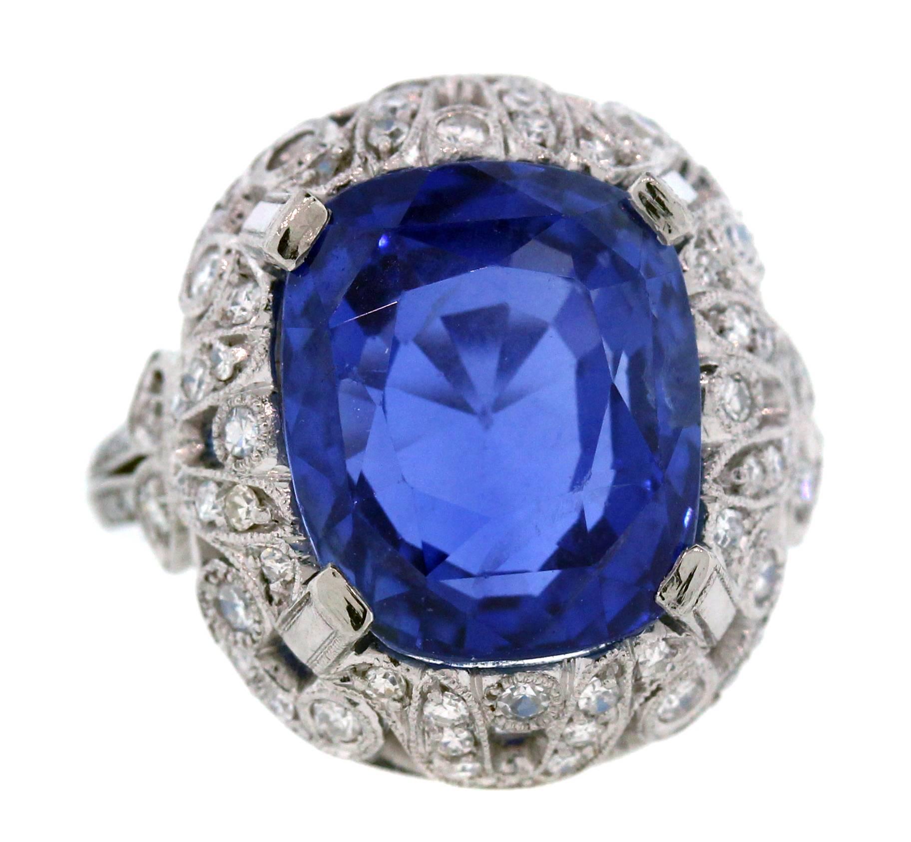 Platinum Ring with No Heat Burma Sapphire Center with Diamonds

11.78 carat Burma, No Heat, Natural Blue Sapphire. Cushion-cut. Truly remarkable in color. GIA #: 5121556958

Platinum ring has 0.65 carat diamonds set throughout.

Currently size 4.