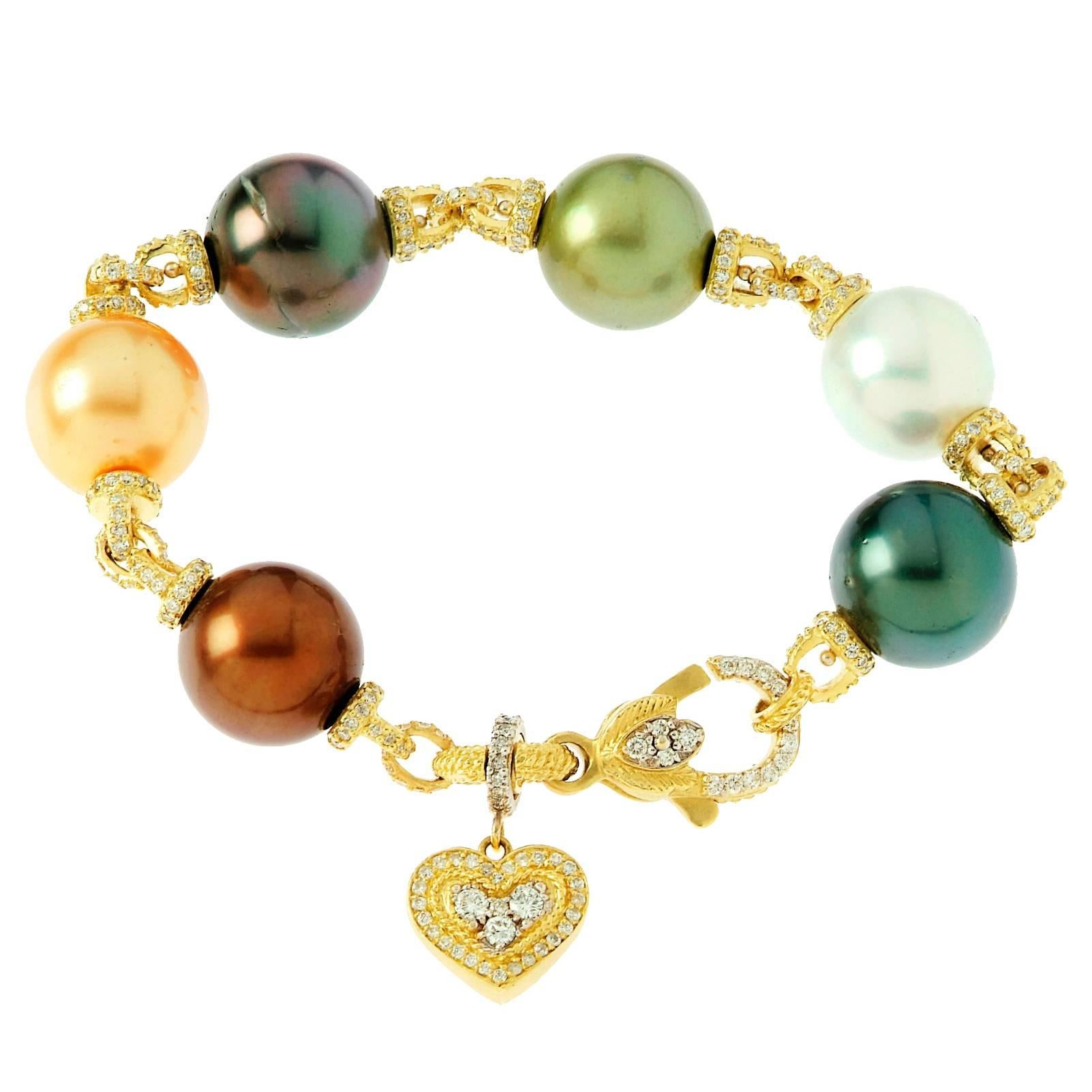 Stambolian South Sea Pearl Diamond Gold Bracelet with Dangling Heart