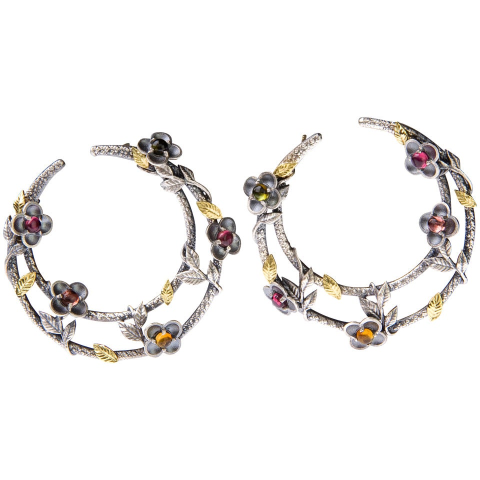Sterling Silver Hoop Earrings with Gold and Tourmaline Stambolian