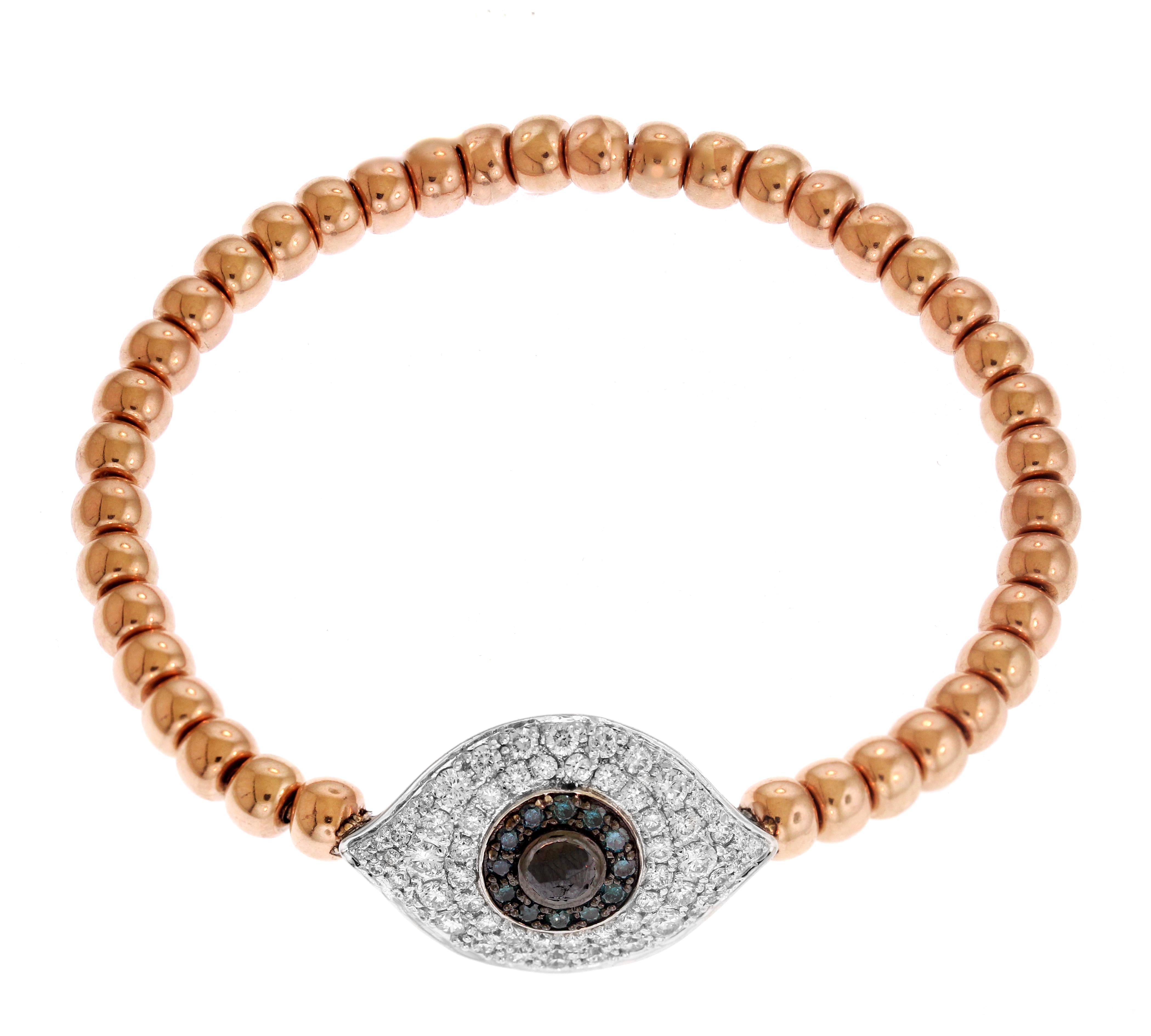 Rose and White Gold Black Diamond Flexible Evil Eye Bracelet In New Condition In Boca Raton, FL