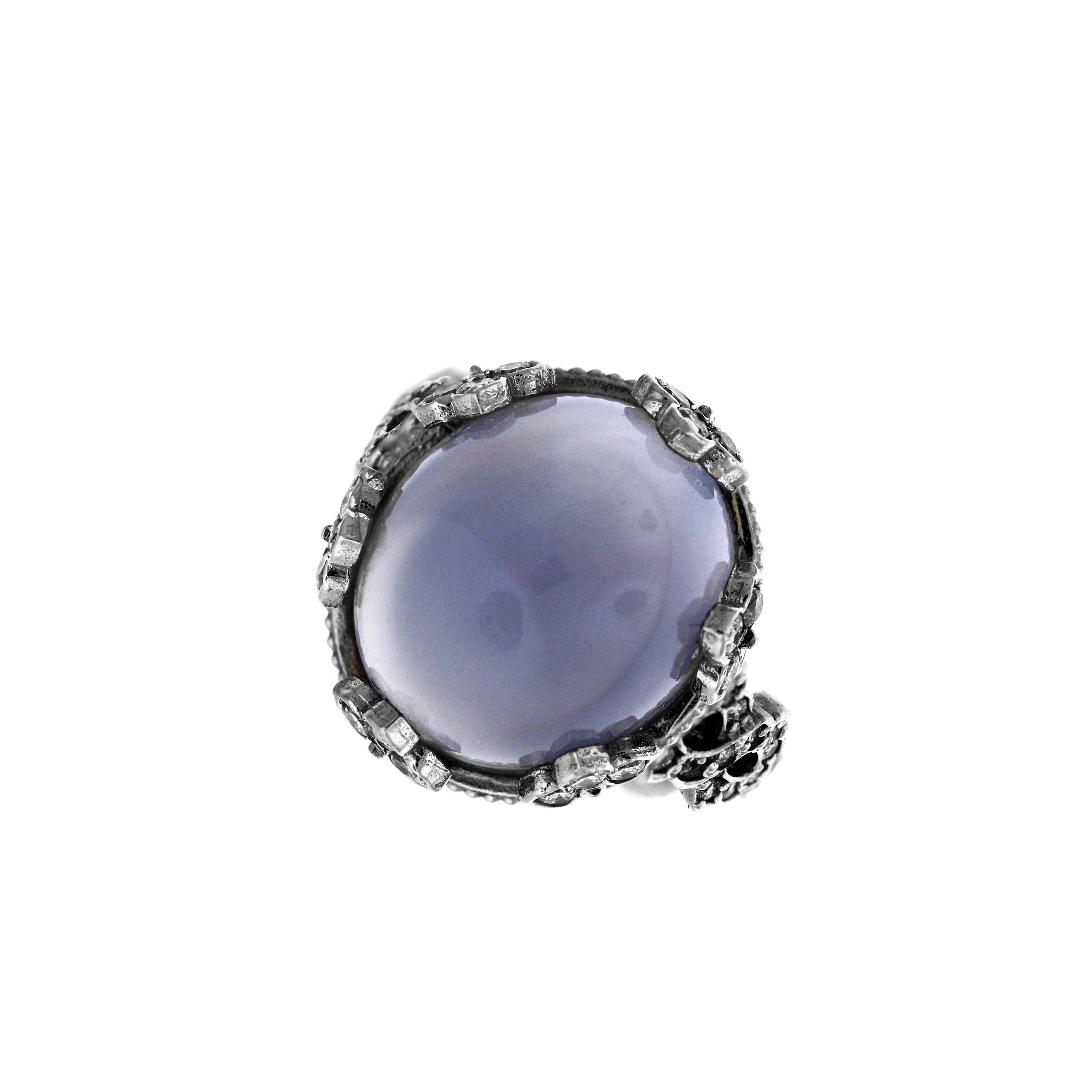 Round Cut Chalcedony and Diamond Cocktail Ring in White Gold Stambolian