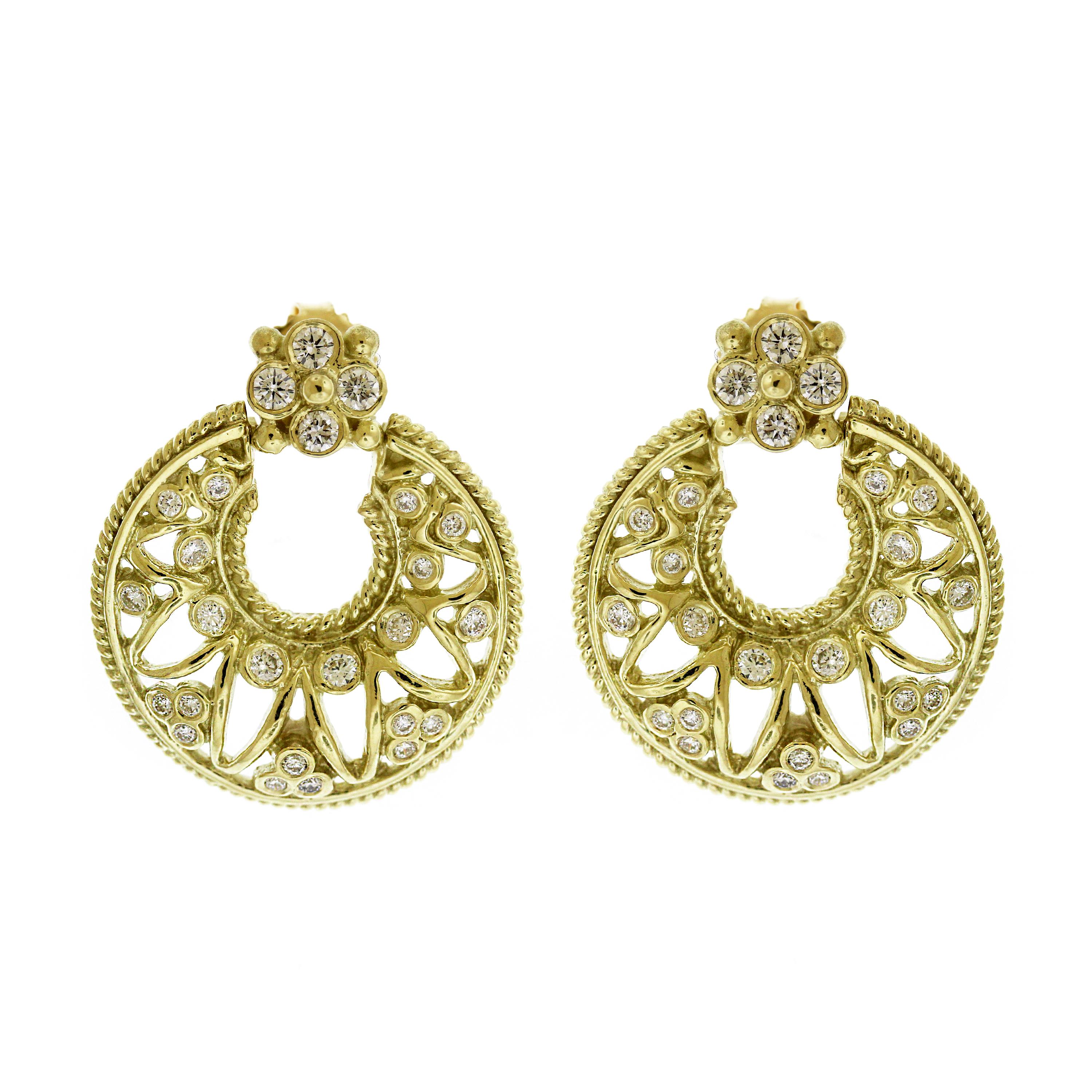 Round Cut Diamond Hanging Drop Earrings with Yellow Gold Stambolian