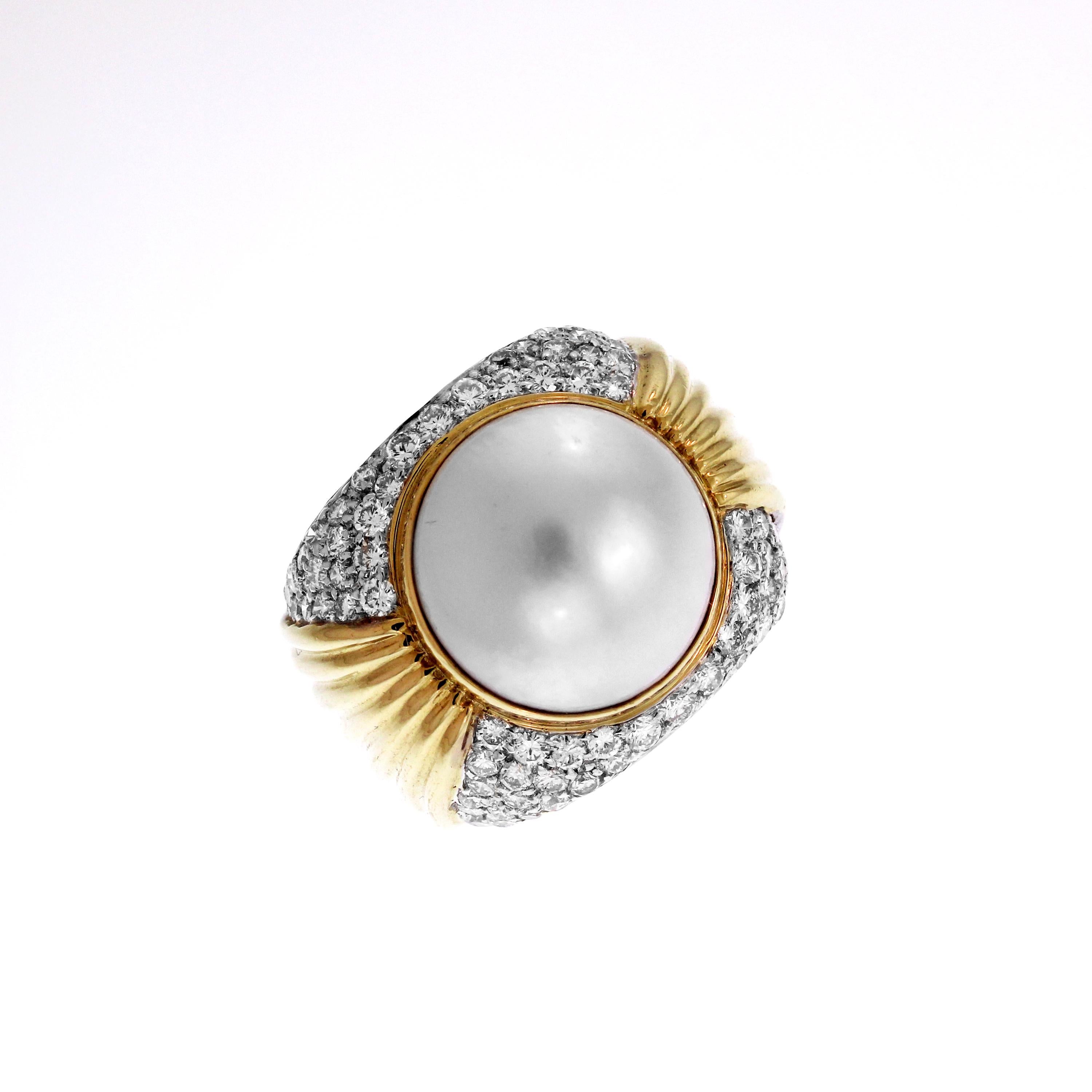 Women's Button Pearl and Diamond Yellow Gold Ring