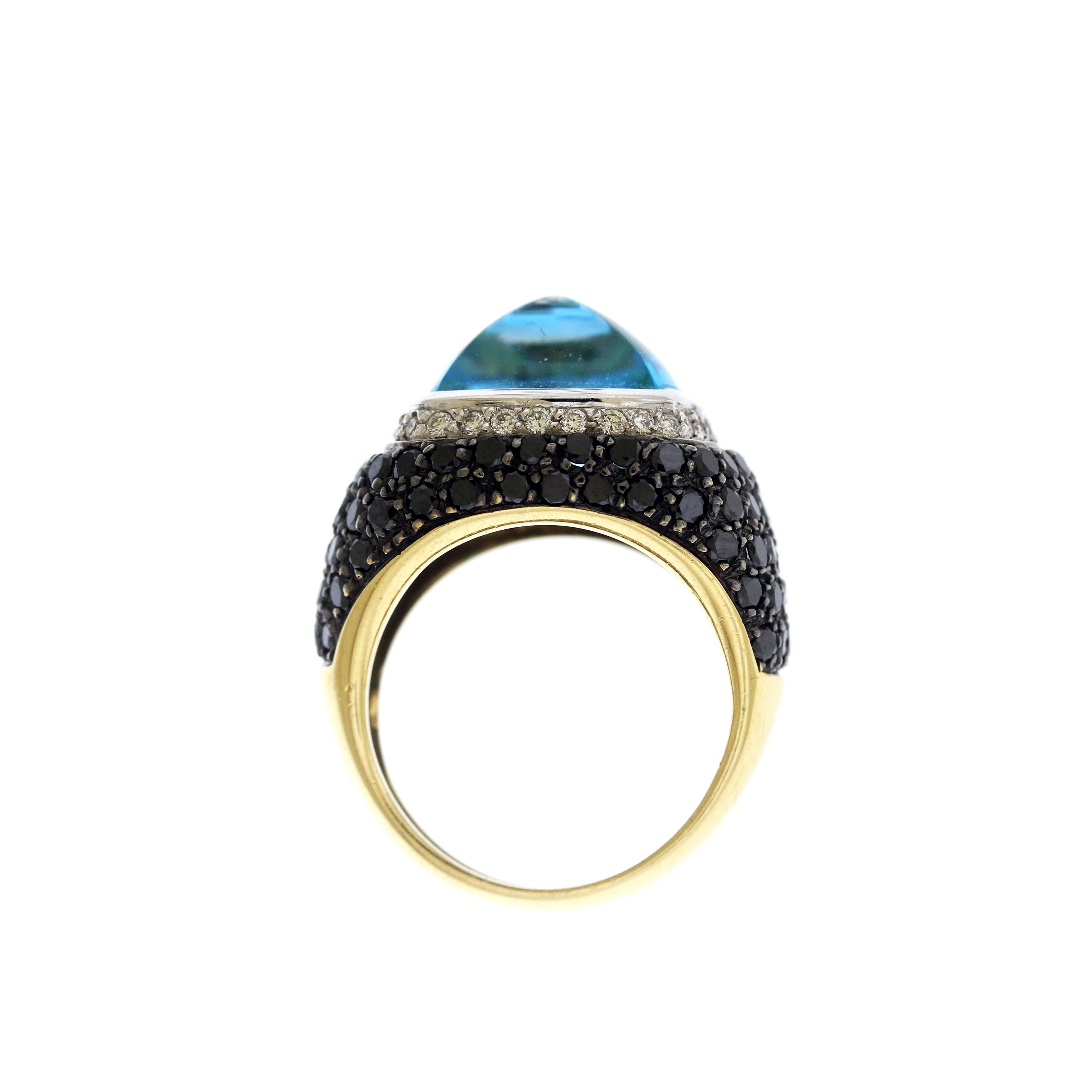 Women's Casato Cushion Cut Blue Topaz Black White Diamonds 18K Gold Dome Ring