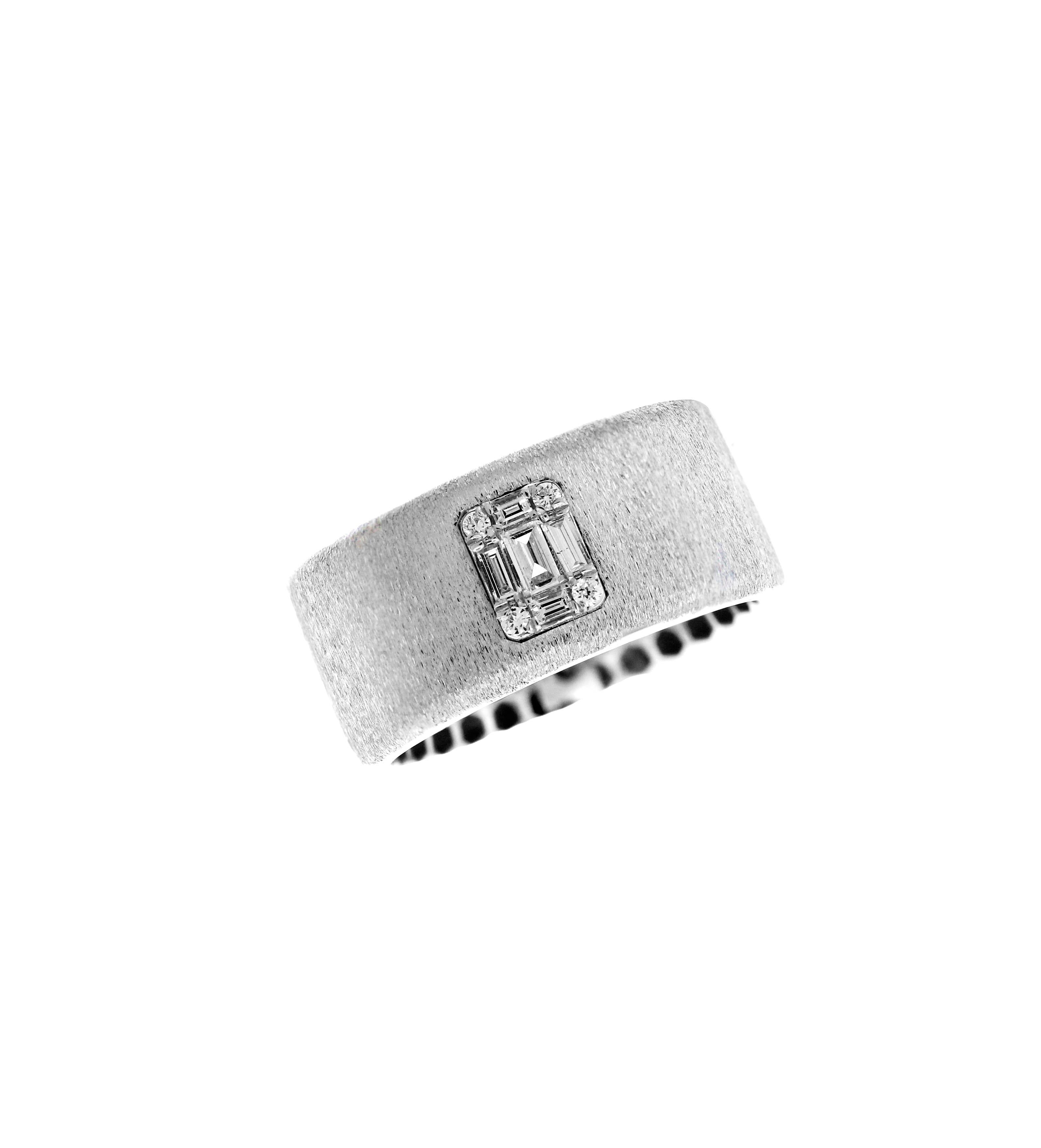 White Gold Matte Brushed Finish and Baguette Diamond Band Ring In New Condition In Boca Raton, FL