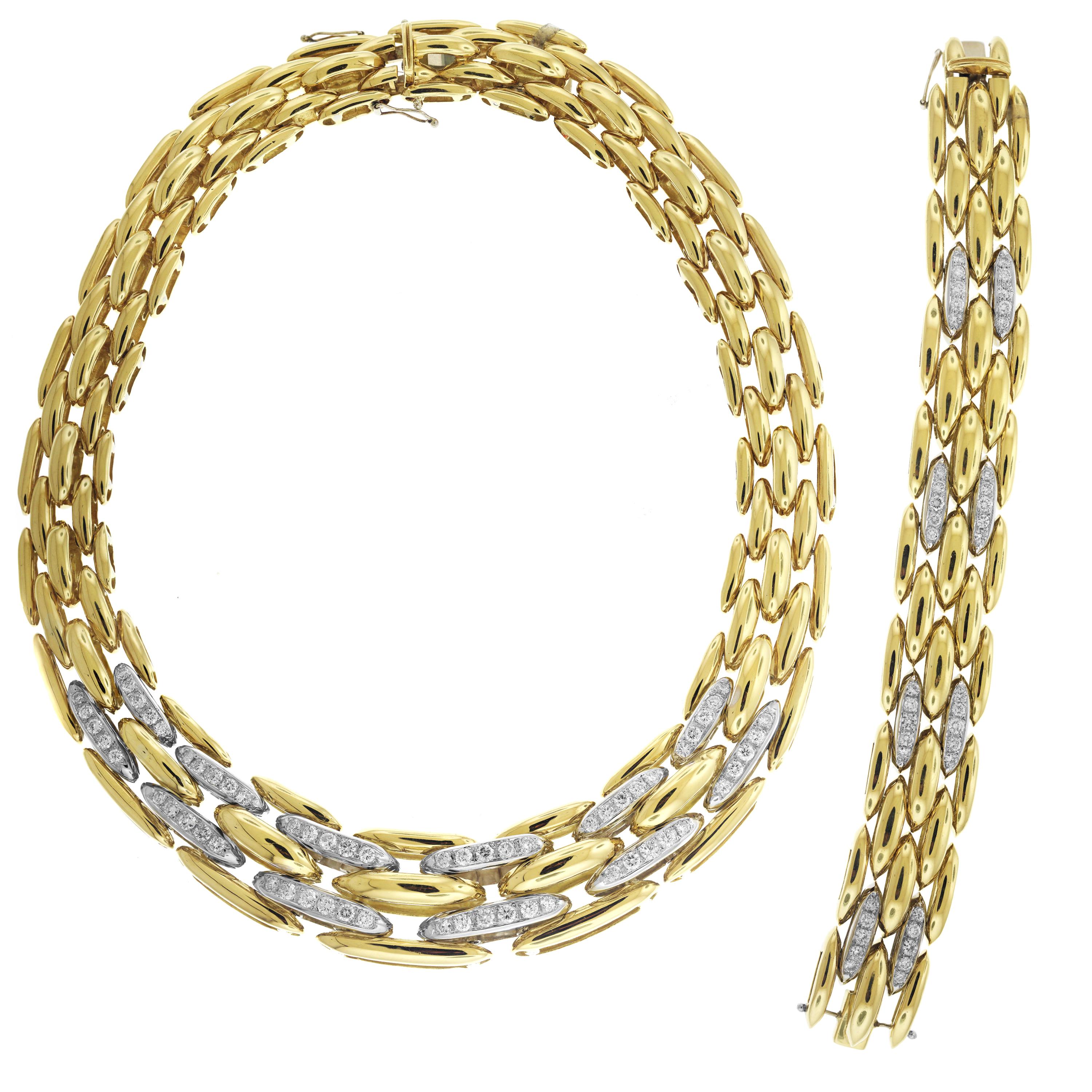 Yellow Gold and Diamond Link Chain Bracelet Necklace Set