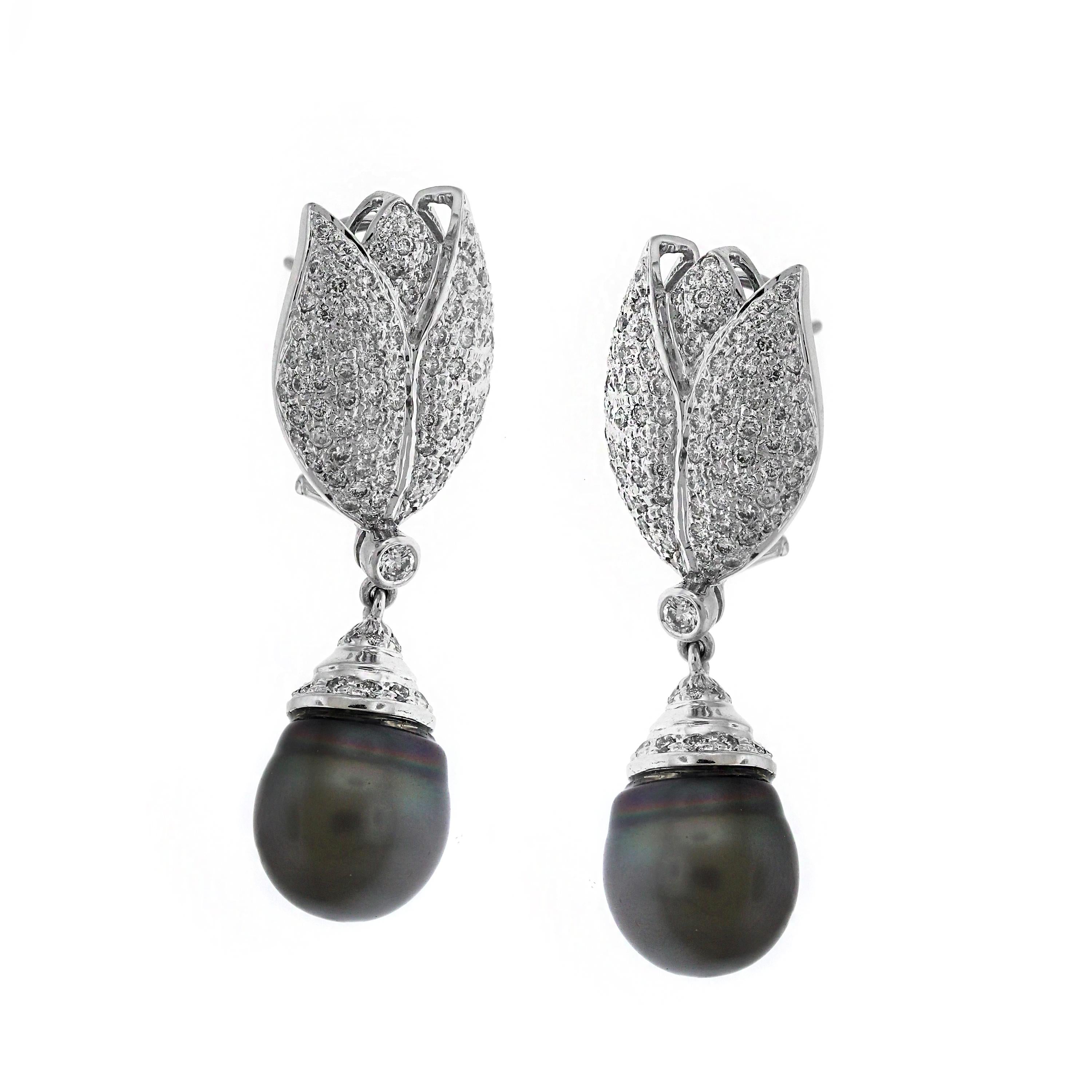 Women's Tahitian Black Pearl White Gold and Diamond Drop Earrings