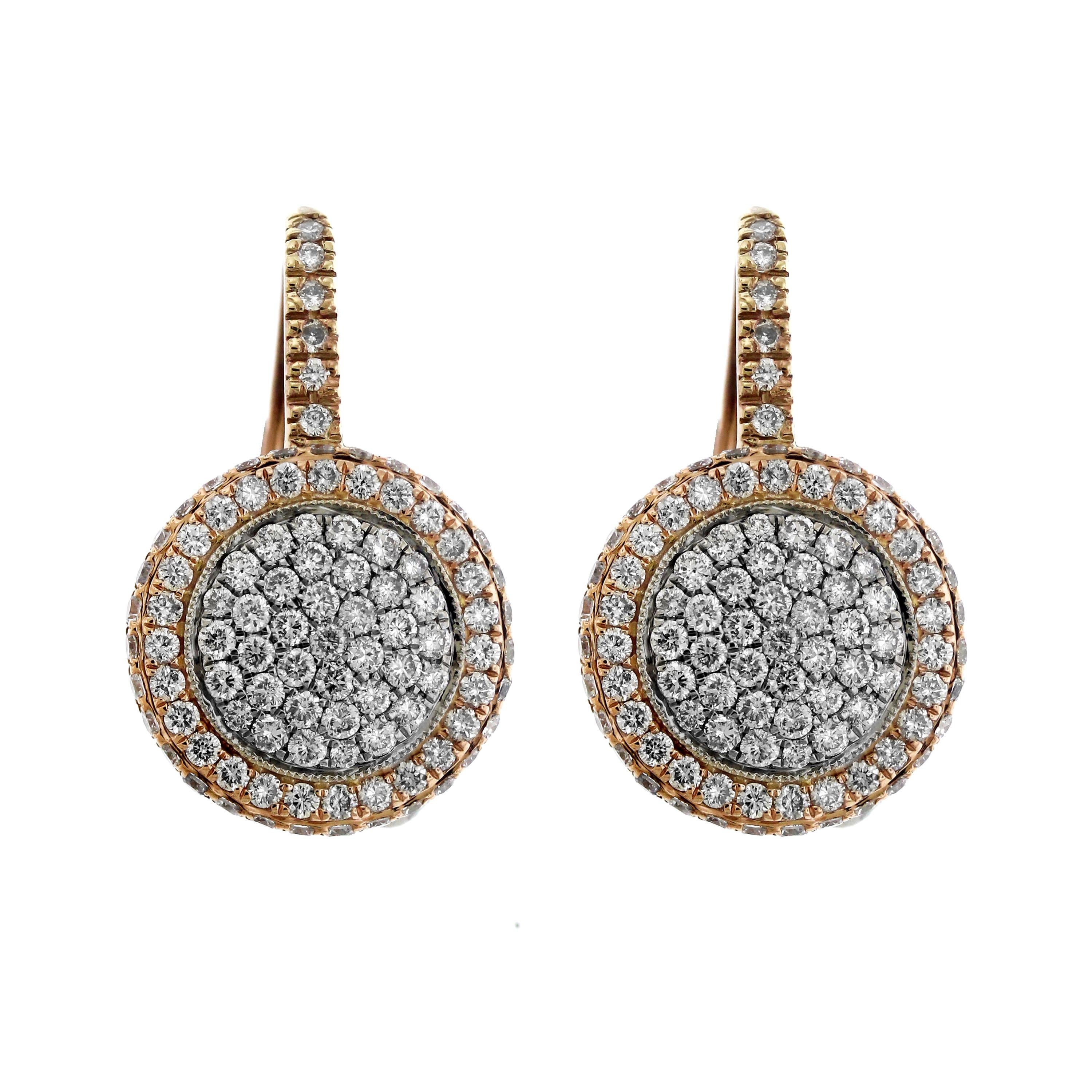 Rose and White Two-Tone Gold Pavé Set Diamond Round Drop Earrings In Excellent Condition For Sale In Boca Raton, FL