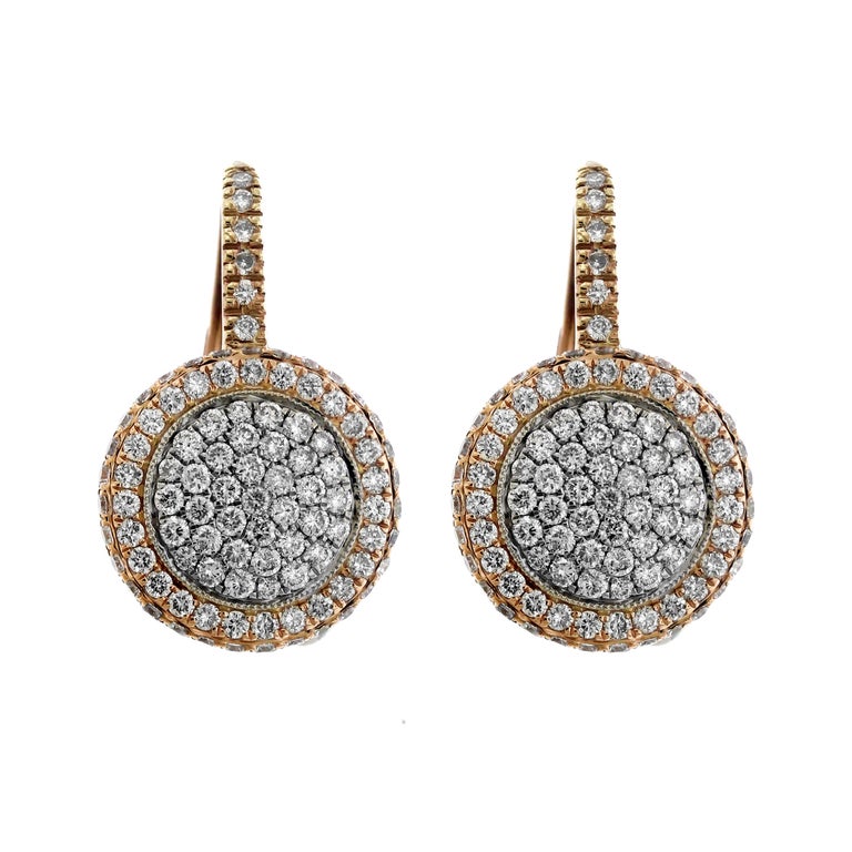 Rose and White Two-Tone Gold Pavé Set Diamond Round Drop Earrings For Sale  at 1stDibs