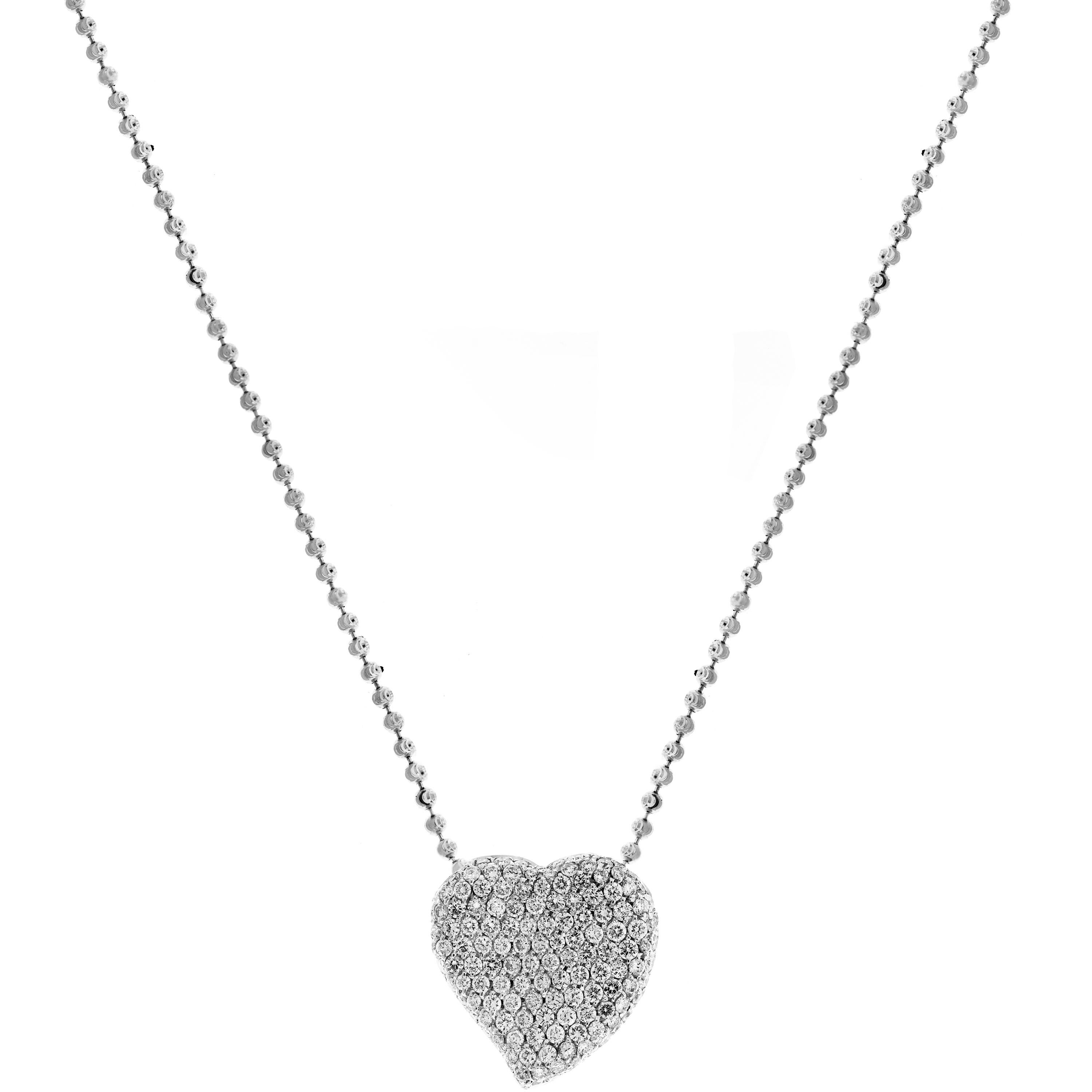 Round Cut Diamond Heart Pendant White Gold Necklace with Ball Chain