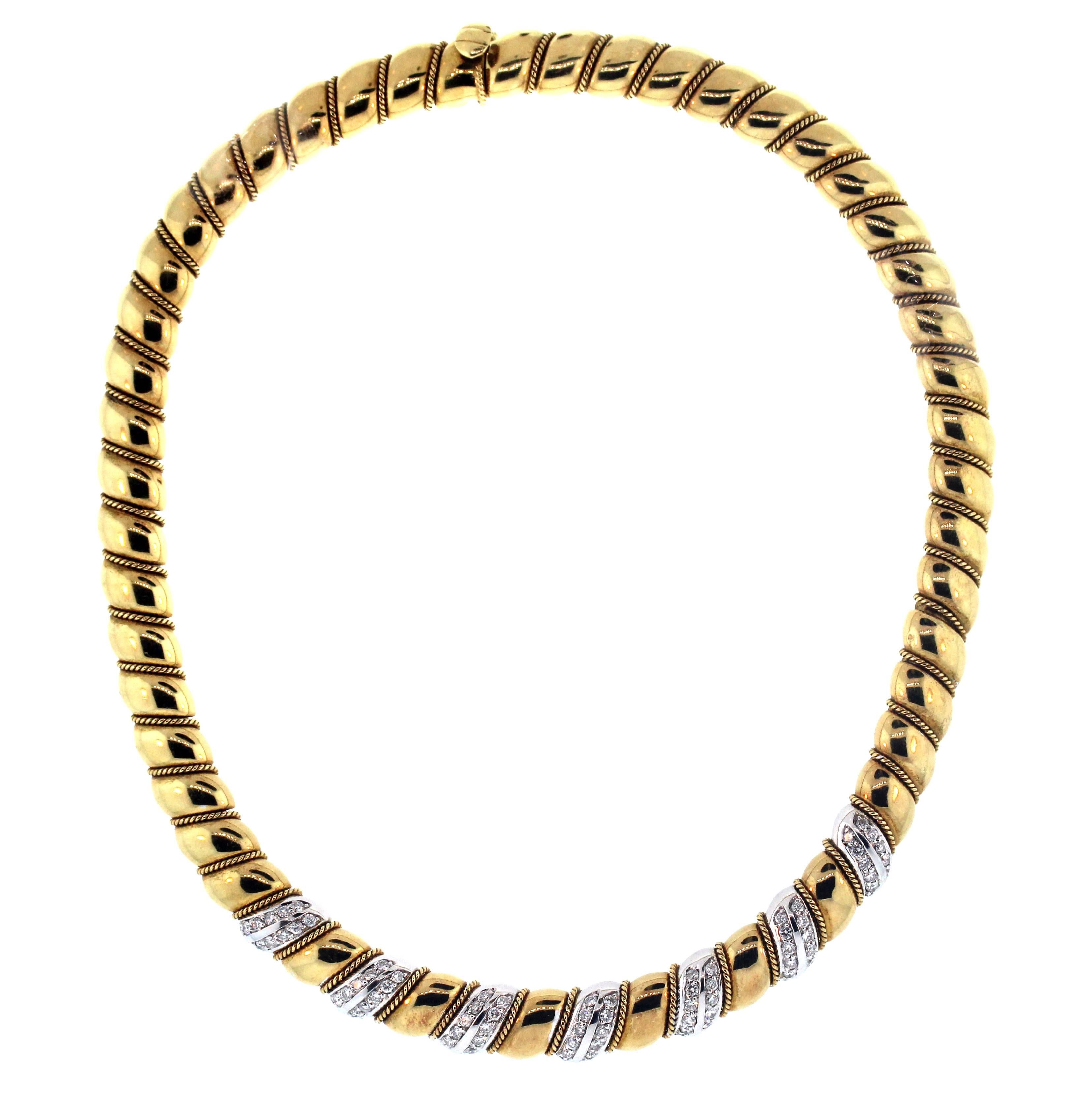 Sabbadini 18K Two Tone Yellow White Gold and Diamond Choker Style Necklace

2.50 carat Diamonds G Color, VS Clarity

Necklace is 16 inches in length.

Signed Sabbadini, Italy