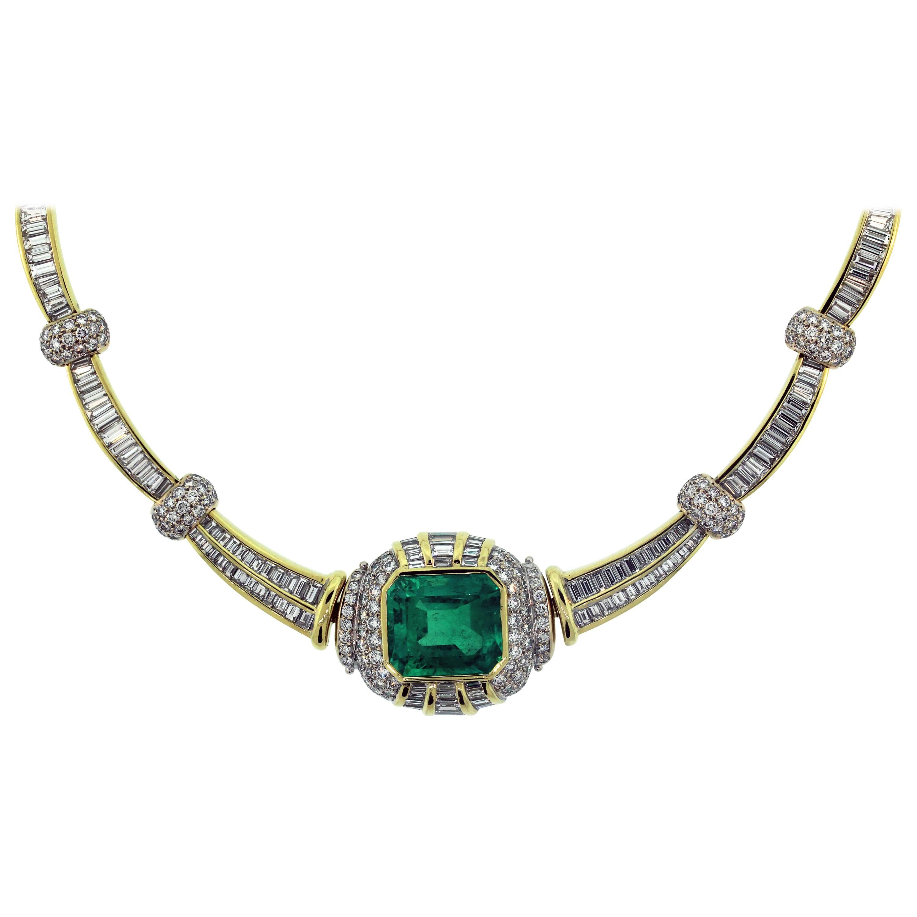 Baguette Cut AGL Certified Colombian Emerald and Baguette Diamond Gold Necklace