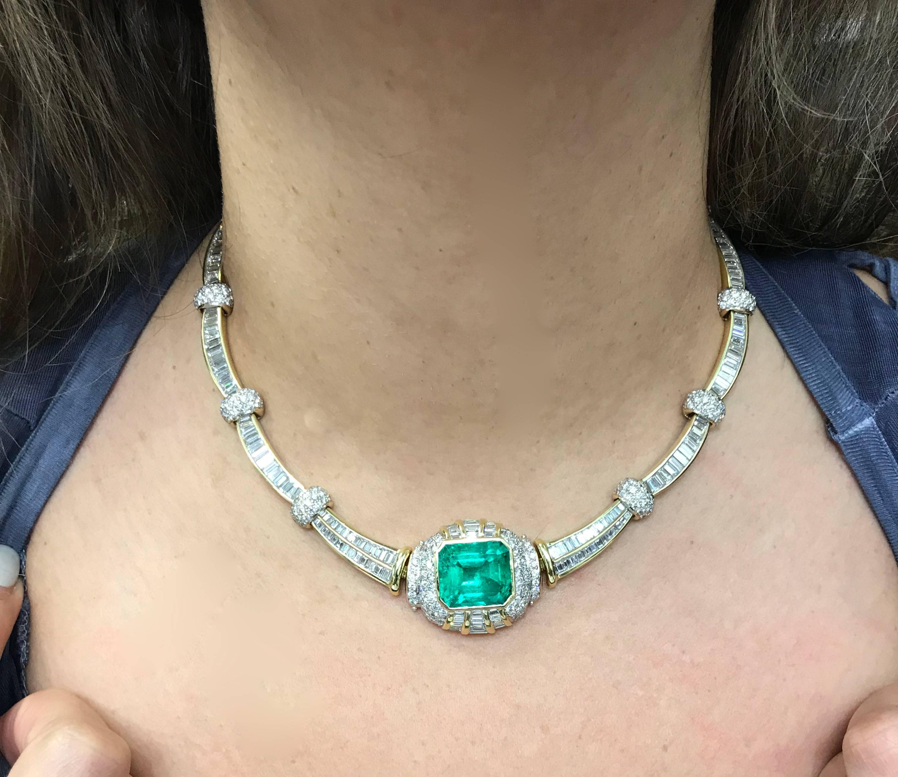 Women's AGL Certified Colombian Emerald and Baguette Diamond Gold Necklace