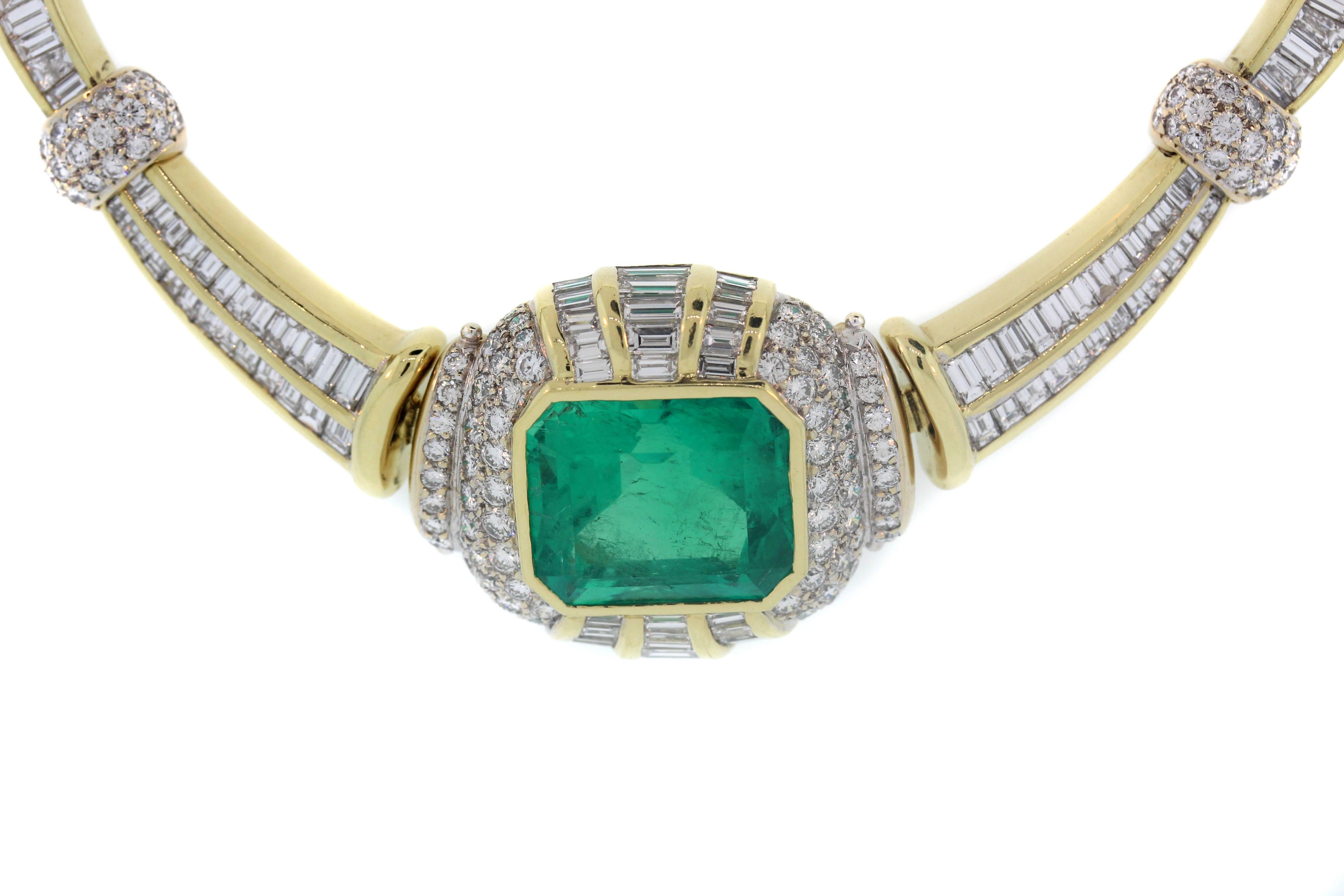 AGL Certified Colombian Emerald and Baguette Diamond Gold Necklace 1