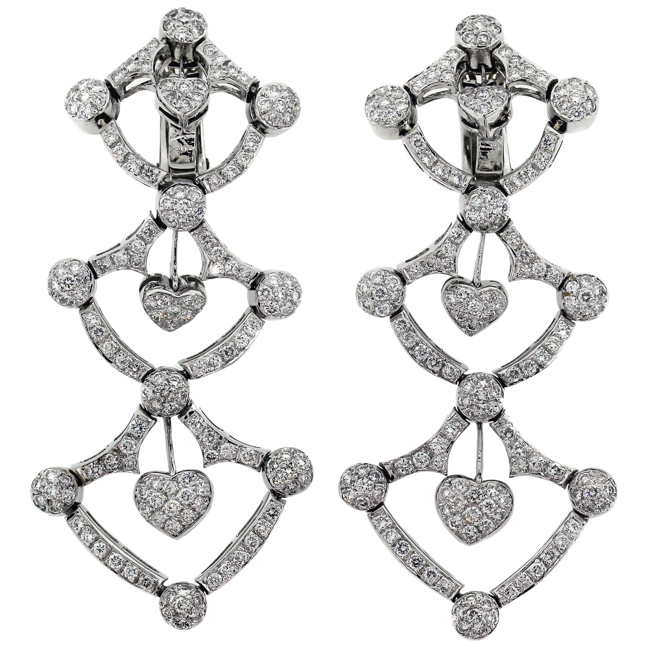 White Gold and Diamond Drop Earrings with Hearts