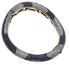 Cantamessa 18K Gold Shaded Blue Sapphire and Diamonds Curved Bangle Bracelet