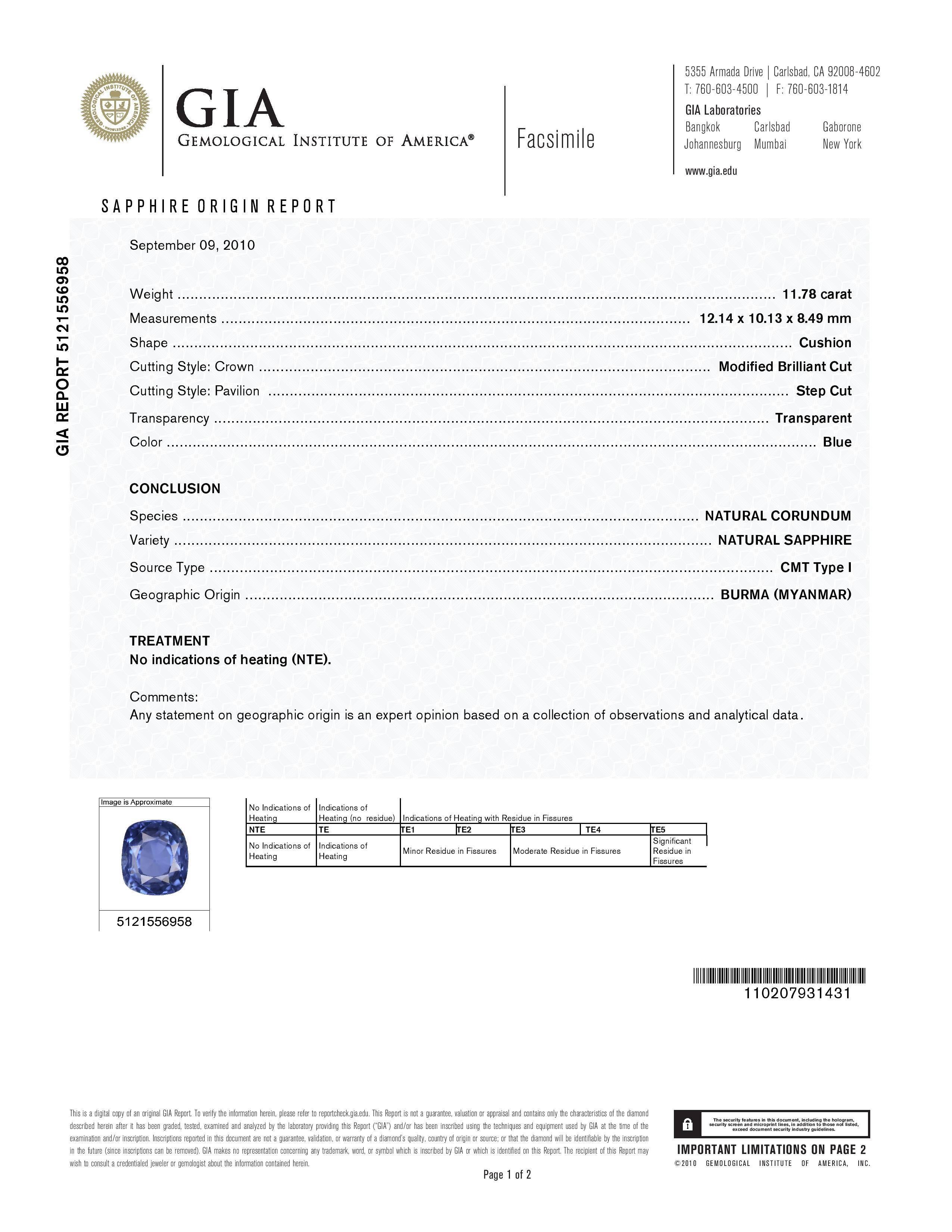 Cushion Cut Burma Blue Sapphire Ring with Diamonds Platinum GIA Certified