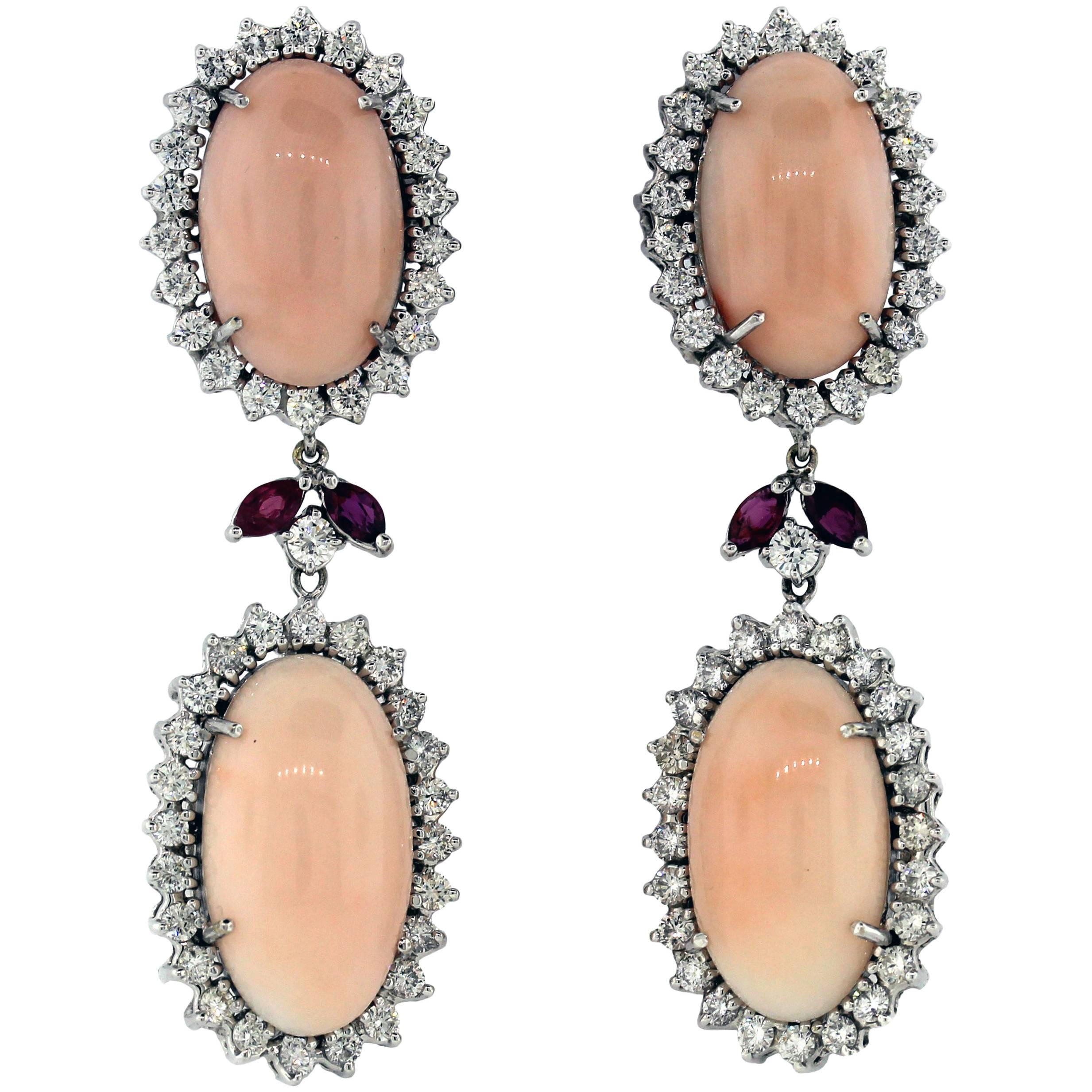 18K White Gold Diamonds Ruby Light Pink Angel Skin Coral Drop Dangle Earrings