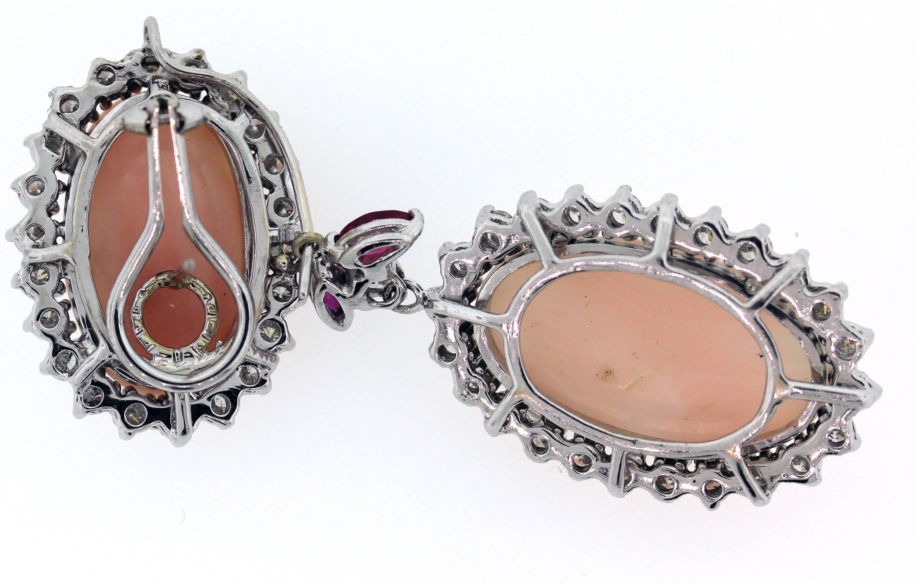 Oval Cut 18K White Gold Diamonds Ruby Light Pink Angel Skin Coral Drop Dangle Earrings For Sale