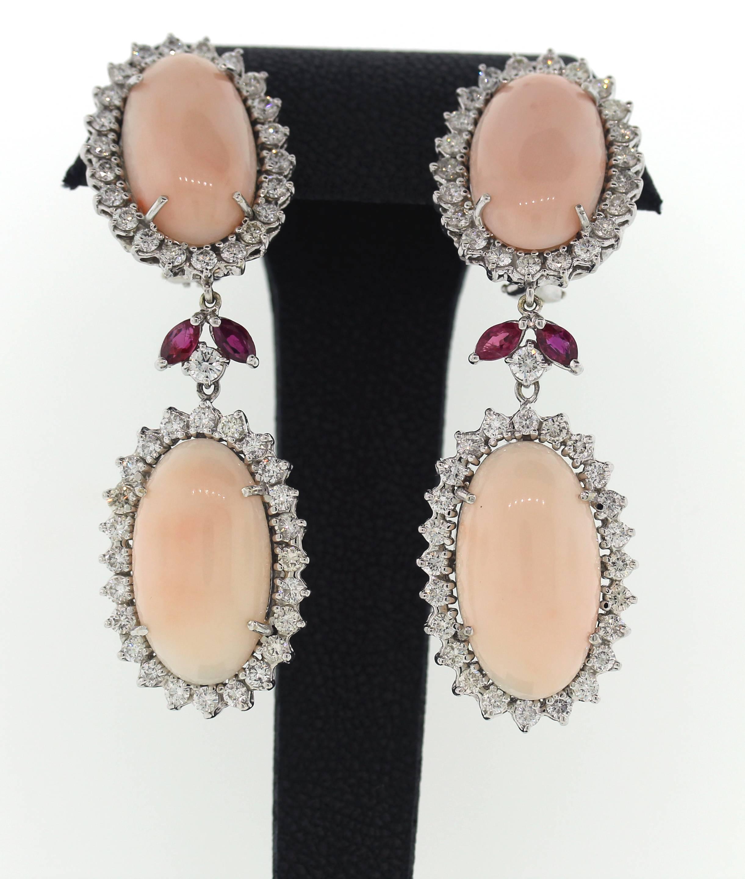 Women's 18K White Gold Diamonds Ruby Light Pink Angel Skin Coral Drop Dangle Earrings For Sale