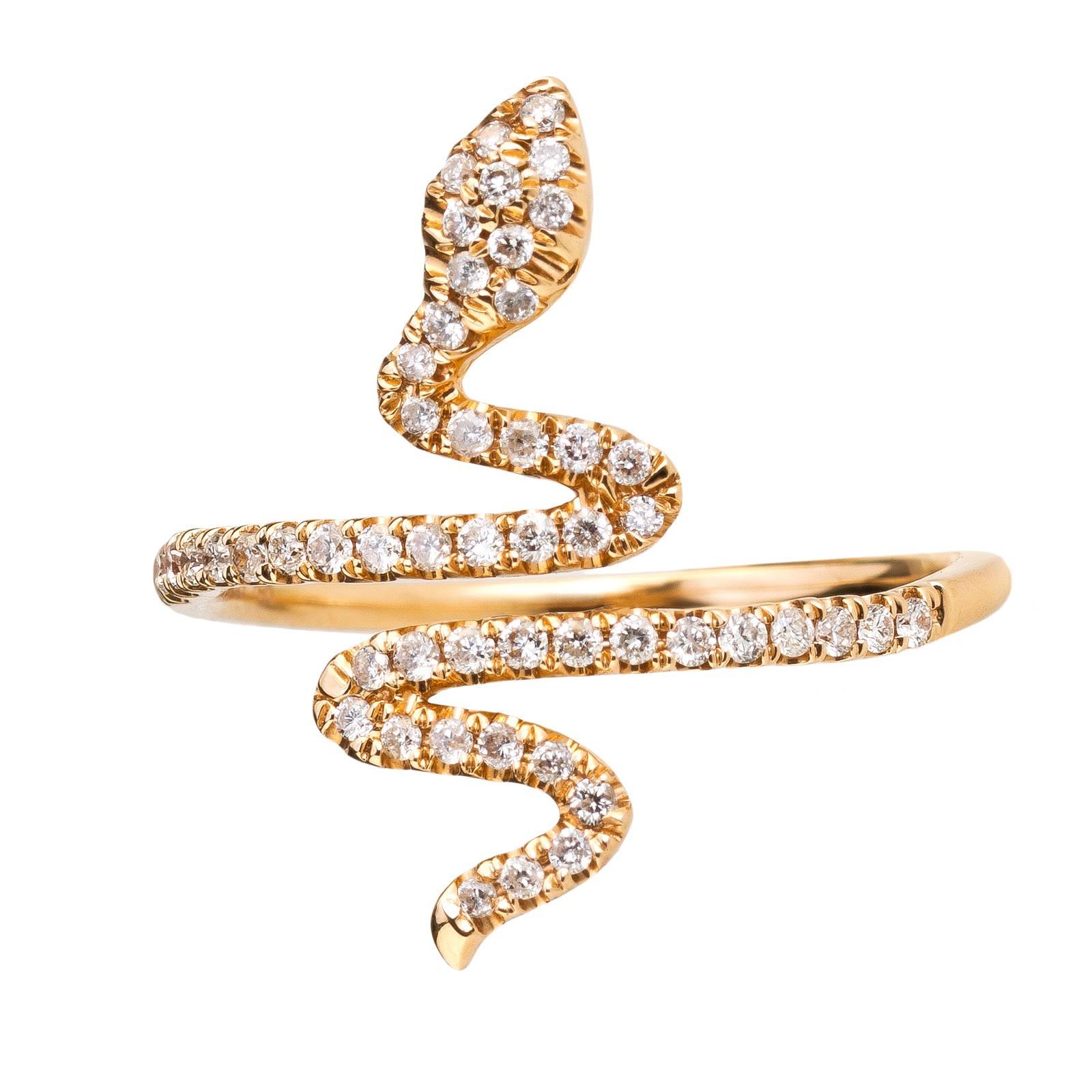 18 Karat Yellow Gold White Diamond Snake Cocktail Ring For Sale