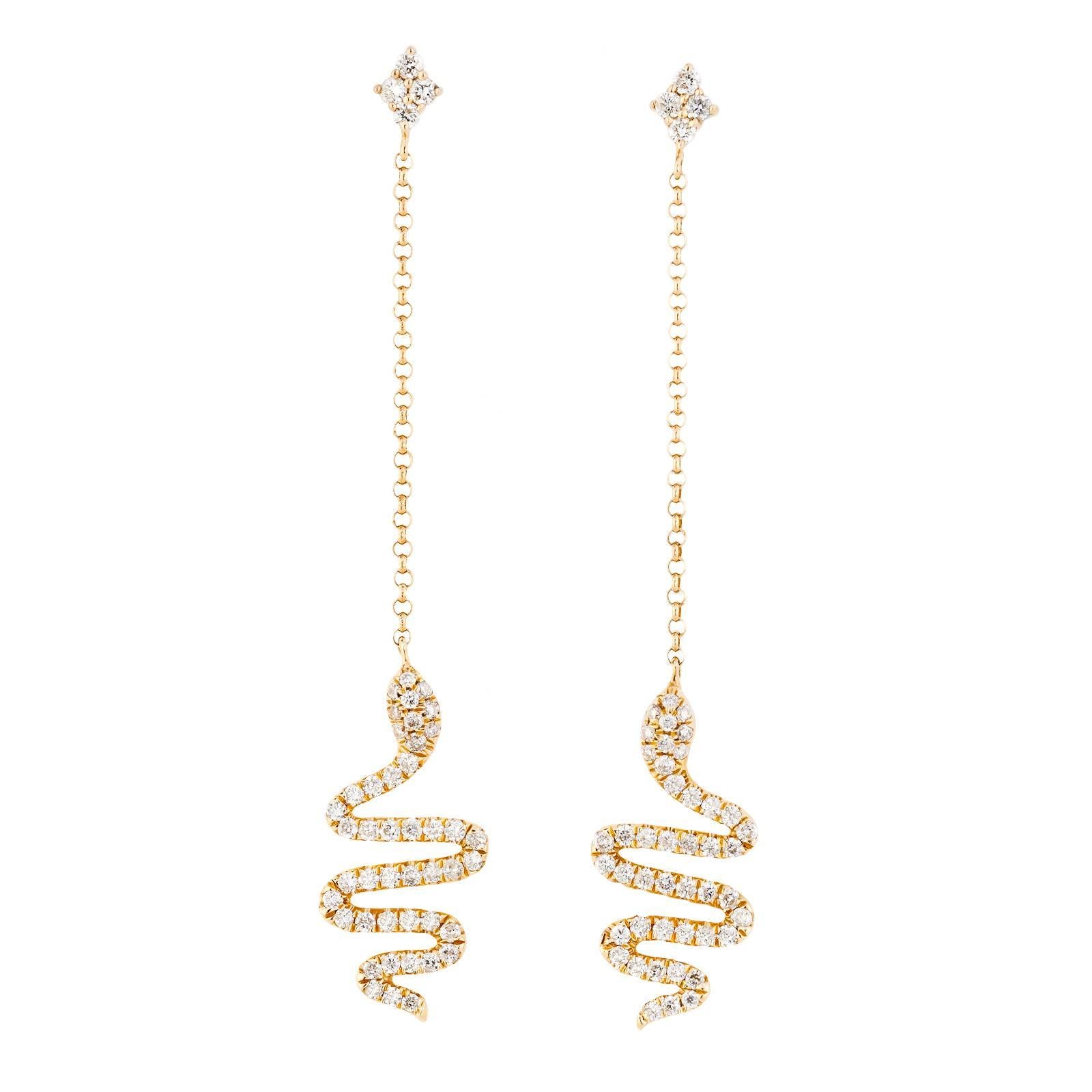 White Diamonds 0.48 Carat 18 Karat Yellow Gold Snake Dangle Drop Earrings For Sale