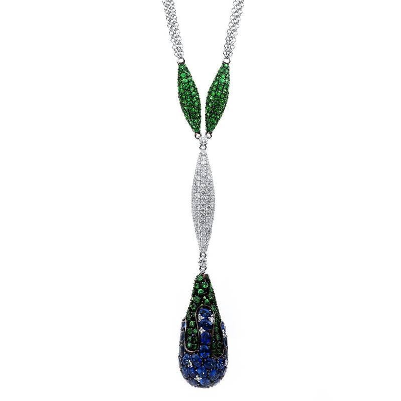 Carlos Udozzo, 18 Karat White Gold, Diamonds, Sapphires and Tsavorites Necklace For Sale