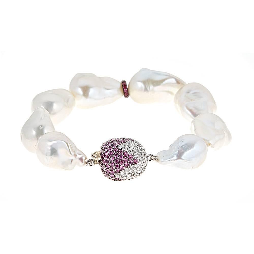 Baroque Pearl with Pink Sapphire, Ruby and Diamond Accent White Gold Bracelet For Sale