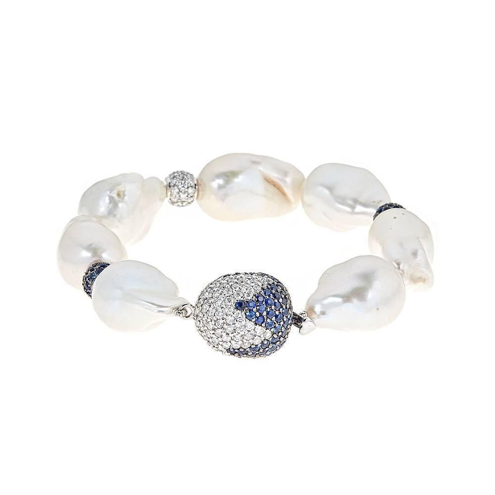 Baroque Pearl with Blue Sapphire and Diamond Accent White Gold Bracelet For Sale