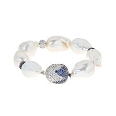 Baroque Pearl with Blue Sapphire and Diamond Accent White Gold Bracelet