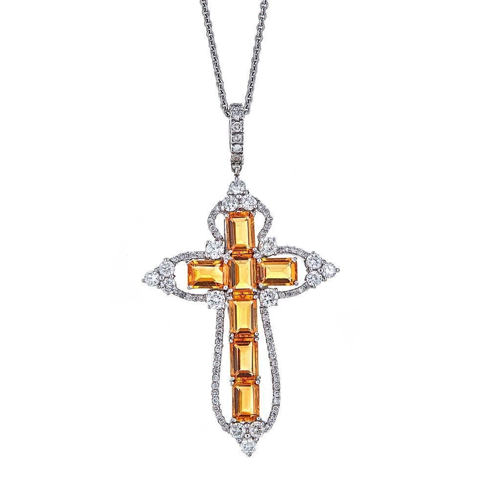 3.50 Carat Citrine and 1.27 Carat Diamond White Gold Cross Pendant For Sale