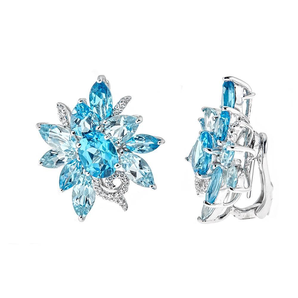 25.74 Carat Blue Topaz and 0.35 Carat Diamond White Gold Earrings For Sale